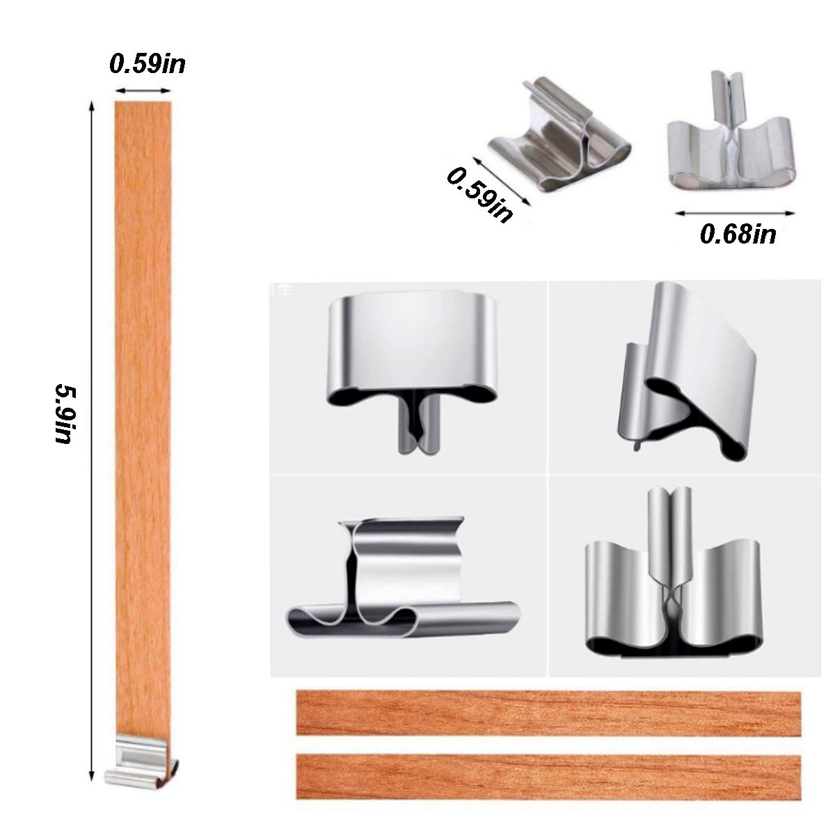 QPZ 100Pcs Cotton Candle Wicks 6" Pre-Waxed with Tabs,50Pcs Wooden Candle Wicks Smokeless,Wood Candle Making Wicks 0.59*5.9 Inch with 50Pcs Wick Clips Holders Metal Based for Candle DIY,Candle Making