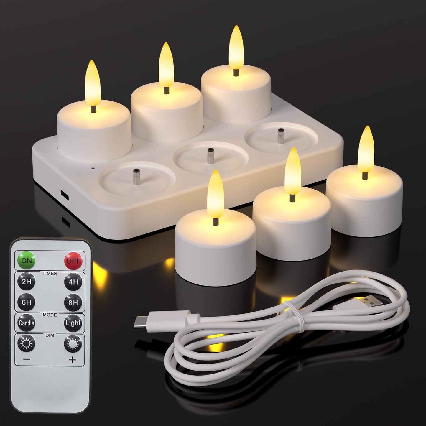 Staerysky Flameless Tea Lights Candles with Charging Station,LED Tea Lights Candles with Remote Control Timer for Valentine's Day,Wedding,Centerpiece Table Decorations,Anniversary,Home Decor,6-Pack