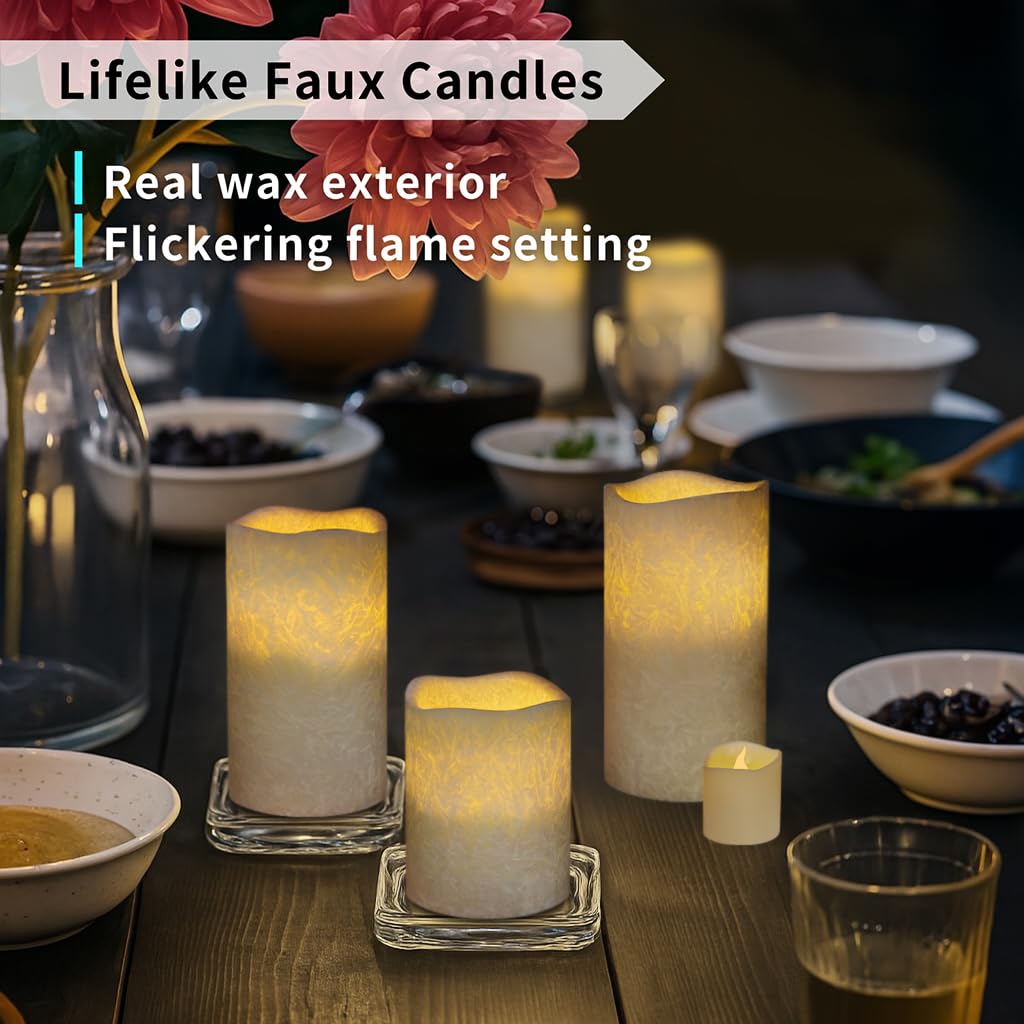 FURORA LIGHTING Ivory Crystallized Flameless Candles - Real Wax, Adjustable Brightness, Remote & Timer - 4 Pillars (3x4, 3x6) and 4 Votives, 8-Pack, Battery Operated
