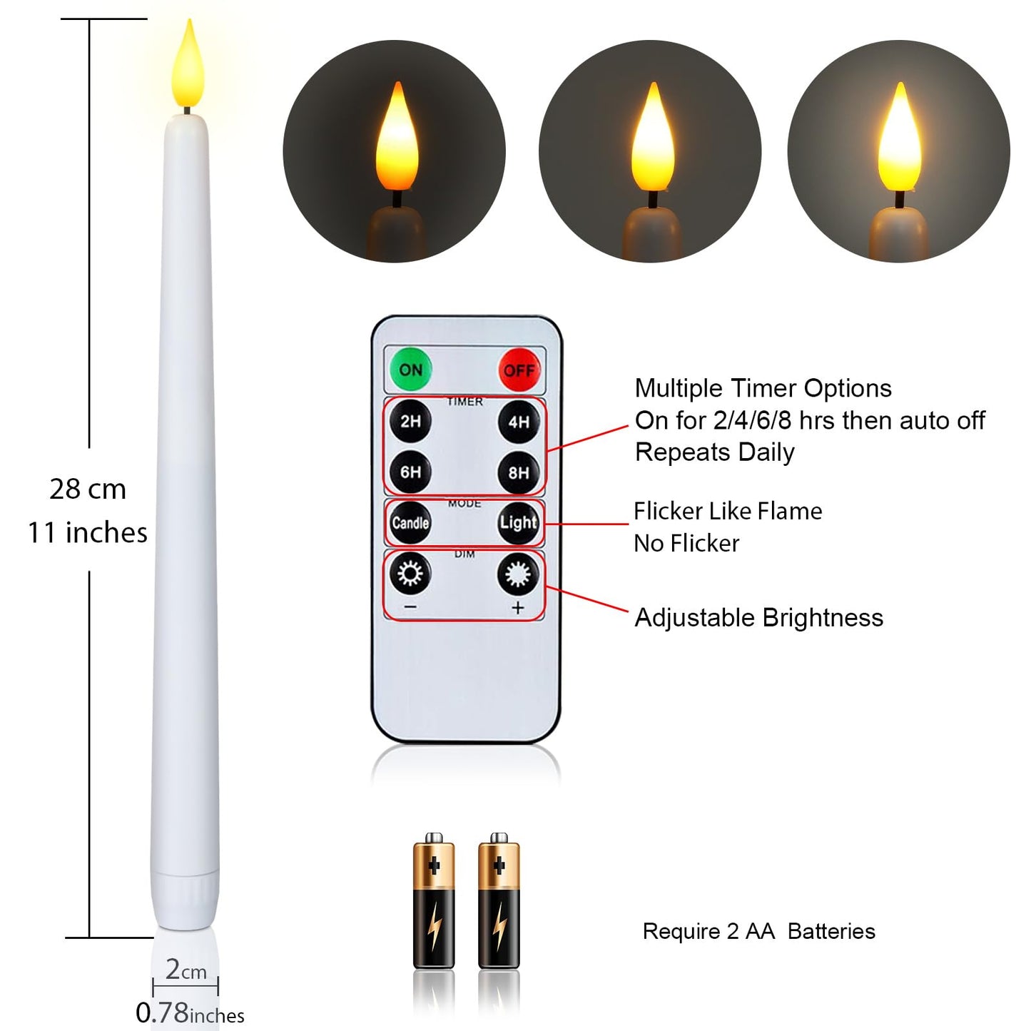 Homemory 12 Pcs Flameless Taper Candles with Remote Timer Dimmer, 11 inches White LED Taper Candles, Plastic Battery Operated Candlesticks with Flickering Flame for Halloween Christmas Wedding Party