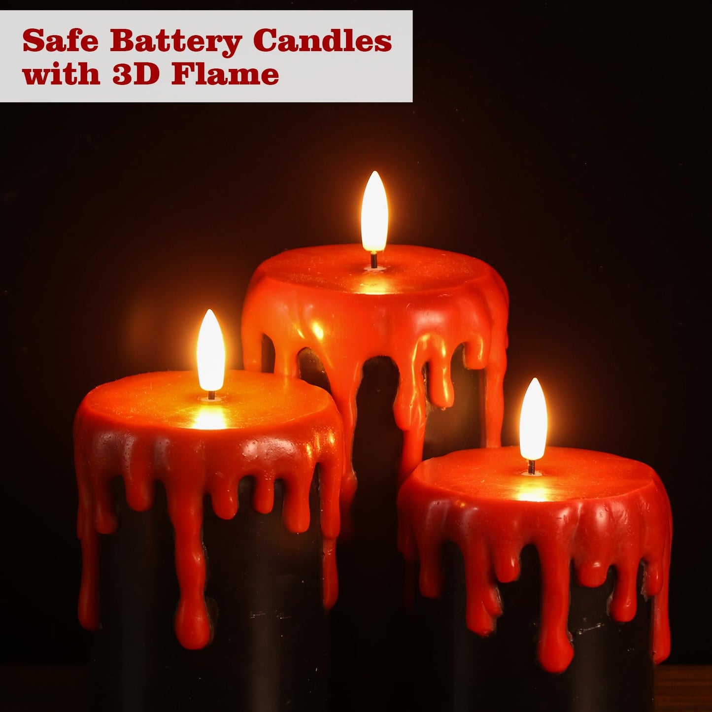 Lasumora Halloween Decorations Led Candles Flickering with 6H Timer, Battery Operated Halloween Candles, 3 Pcs Drip Wax Spooky Halloween Decor Indoor Real Wax, D3 x H 4" 5" 6"