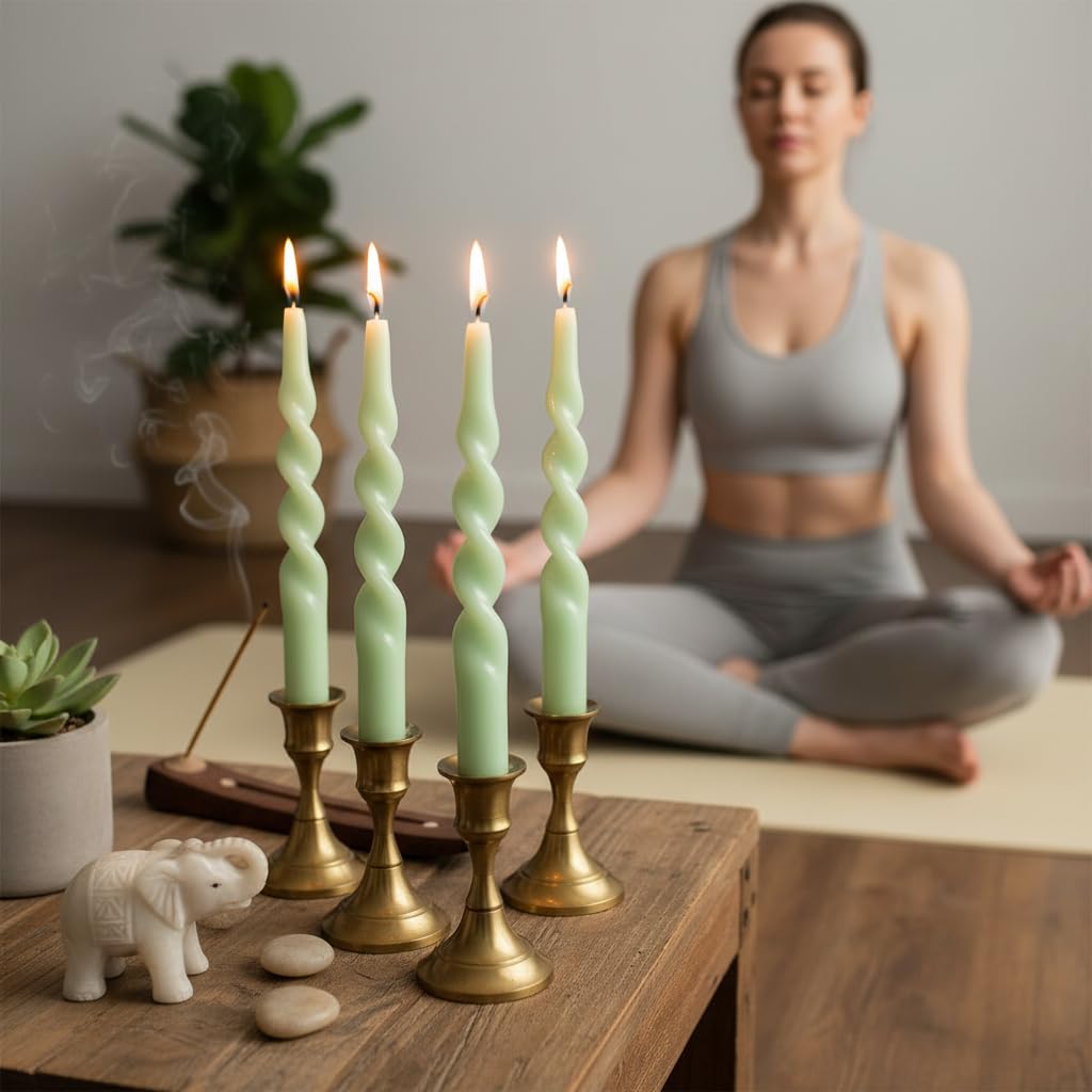 10 Inch Spiral Candles Set of 4, Light Green Taper Candles, Handmade Twisted Candles, Unscented Candle Sticks for Summer Wedding Dinner Decor