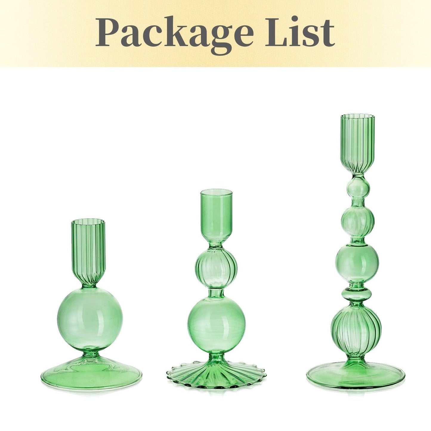 Hewory Glass Candlestick Holders Set: 3PCS Green Candle Holder Taper Candle Holders Bulk, Crystal Ribbed Candle Sticks Holder Decor for Table Centerpiece Wedding Christmas Thanksgiving Dinner