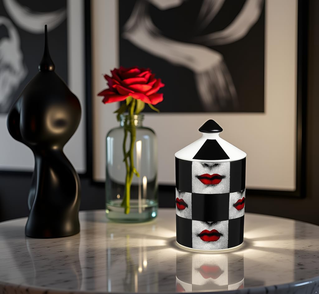 AlphaDesignLuxe Decorative Candle Holder Handcrafted Aromatherapy Candle Jar Italian Designer Décor Fashionable Tabletop Vase Modern Art Female Face Eyes Lips Centerpiece. (Red Lips Black Squares)