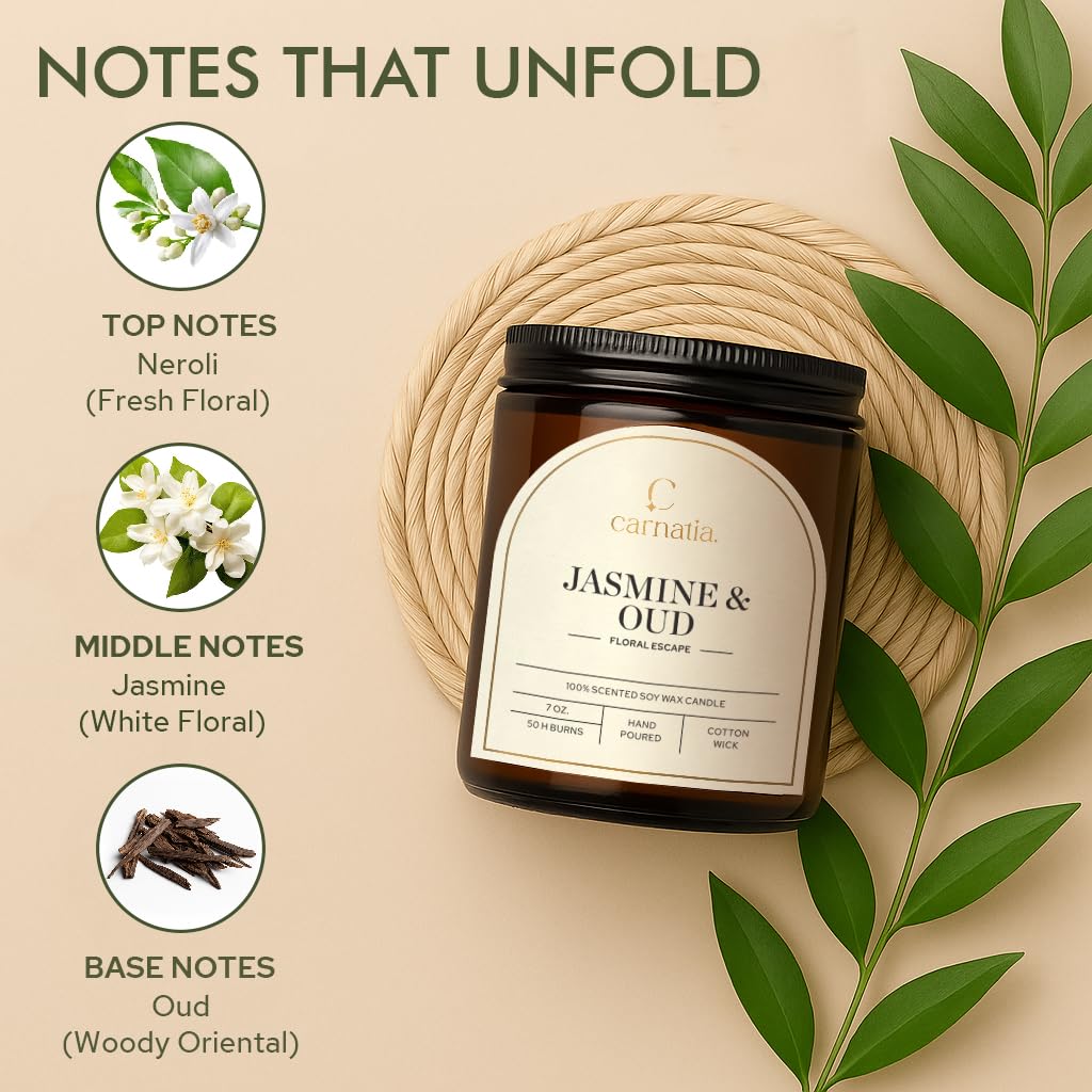 Carnatia Jasmine & Oud Scented Candle – 7 oz | 100% Soy Wax with Cotton Wick | 50 Hour Burn | Aromatherapy Candle for Home, Mood Lift & Relaxation | Gift for Women & Men