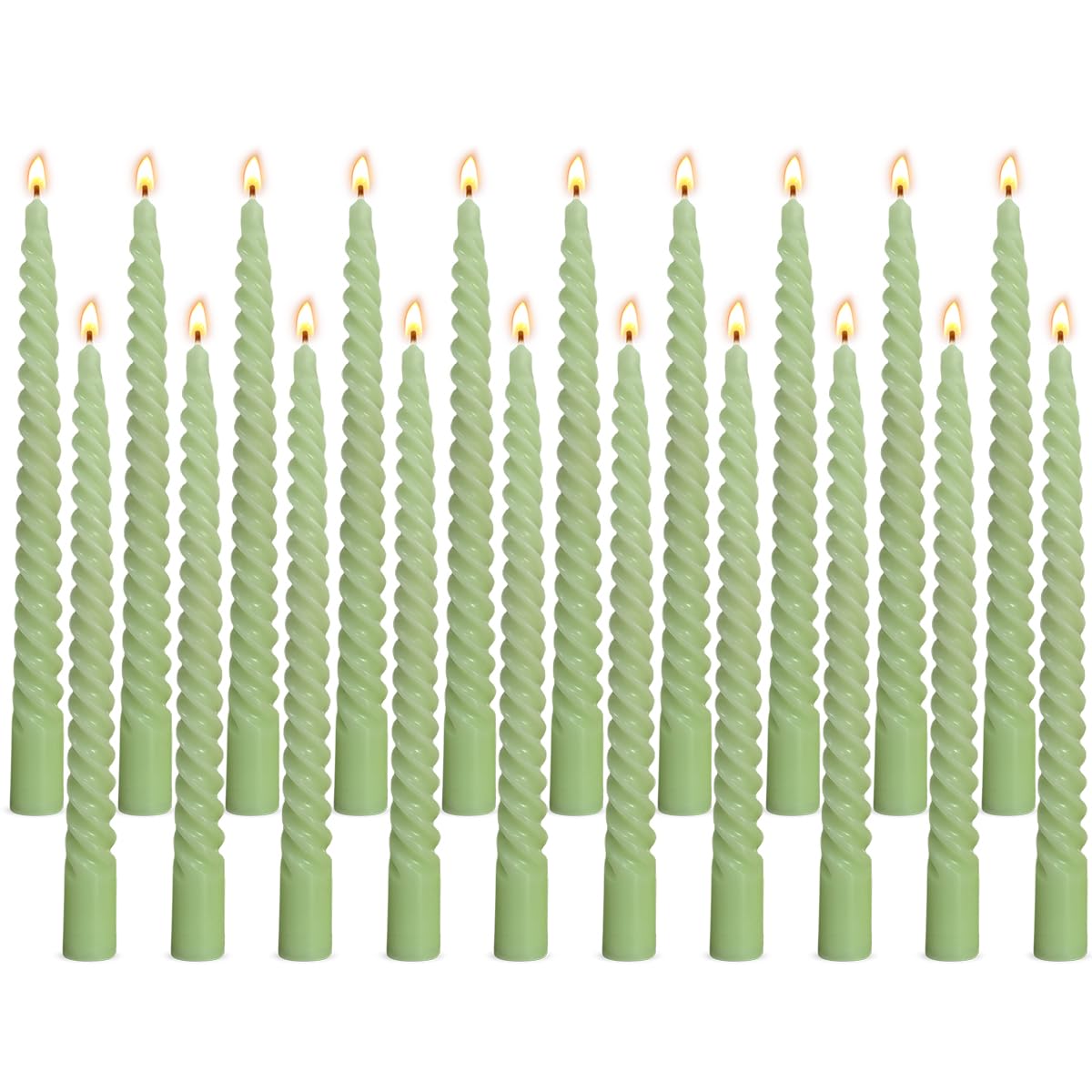 20 Pack 10 Inch Sage-Green Spiral Taper Candles for Christmas and Spring Home Decoration, Unscented Dripless Twisted Candlesticks for Dinner St. Patrick's Day Earth Day and Garden Parties