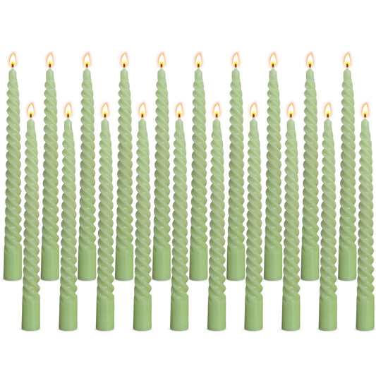 20 Pack 10 Inch Sage-Green Spiral Taper Candles for Christmas and Spring Home Decoration, Unscented Dripless Twisted Candlesticks for Dinner St. Patrick's Day Earth Day and Garden Parties