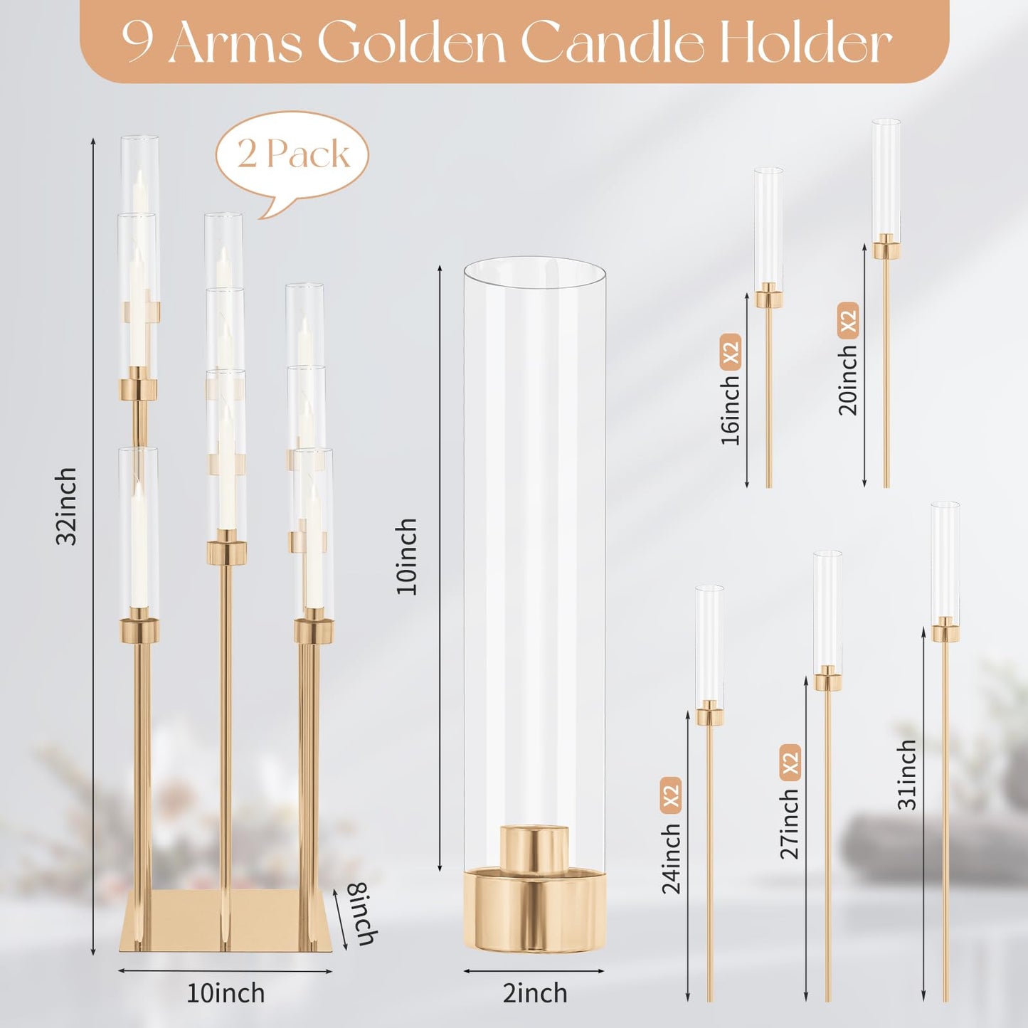 2 Sets Gold 9-Arm Metal Candelabra with Acrylic Shades – 32" High Floor Candle Holders, Each Set Includes 9 Bases & 9 Lampshades, Multi-Level Design for Wedding & Party Centerpieces