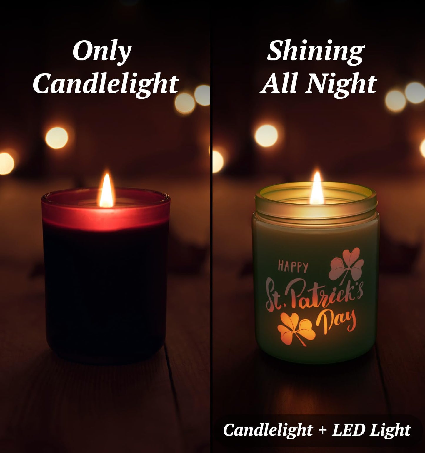 St. Patrick's Day Candle with LED, 100% Soy Wax Jar Candle, Lucky Shamrock Gifts for Friend, Aromatherapy Candles for Women Home, Jasmine Scent Candles,Over 40 Hours of Burn Time