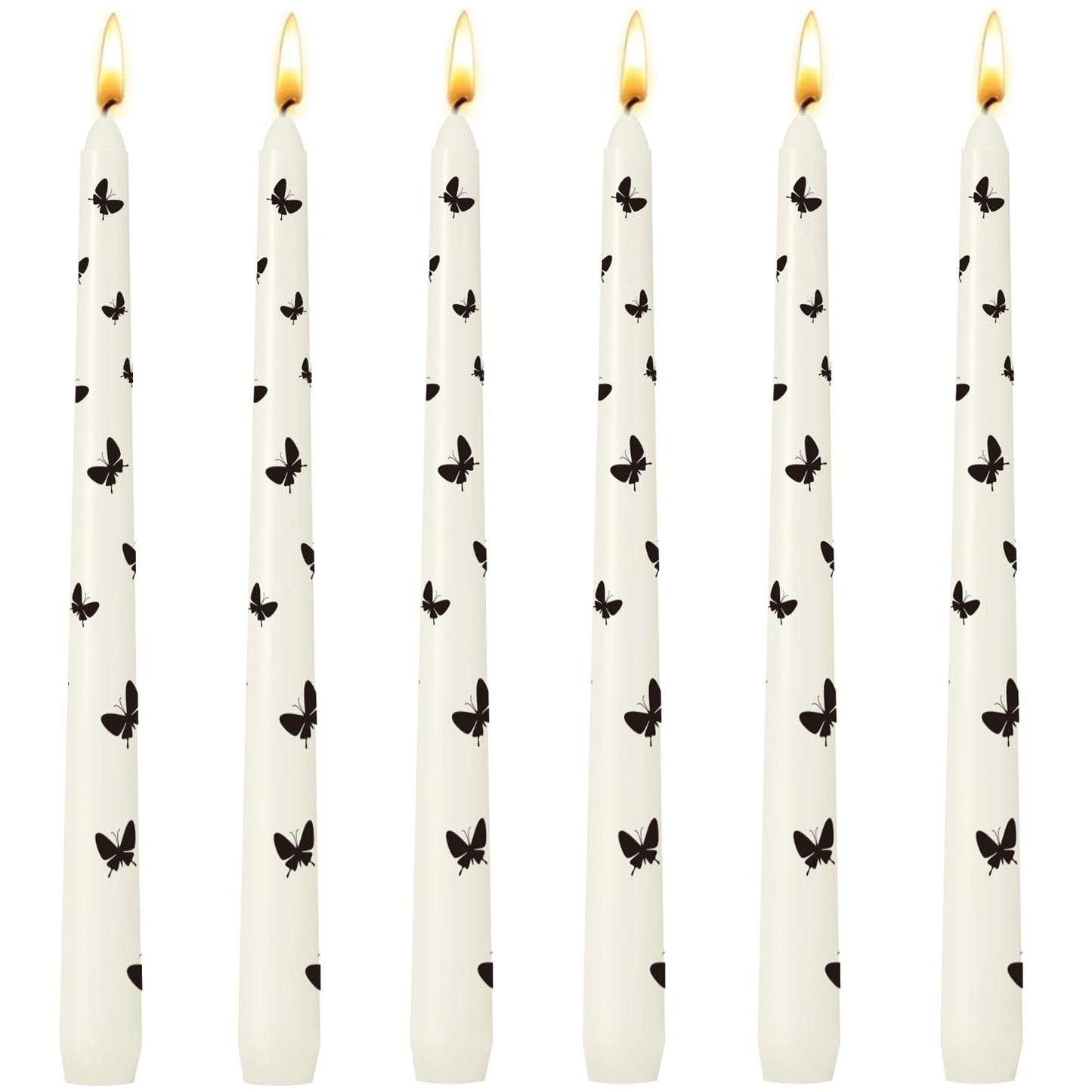 6 Pack Printed Taper Candles for Home Decoration, 10 Inch Ivory Candlesticks with Butterfly Pattern, Unscented Tapered Candles, Dripless and Smokeless Decorative Candles for Elegant Dining