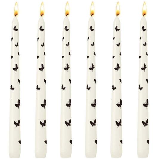6 Pack Printed Taper Candles for Home Decoration, 10 Inch Ivory Candlesticks with Butterfly Pattern, Unscented Tapered Candles, Dripless and Smokeless Decorative Candles for Elegant Dining