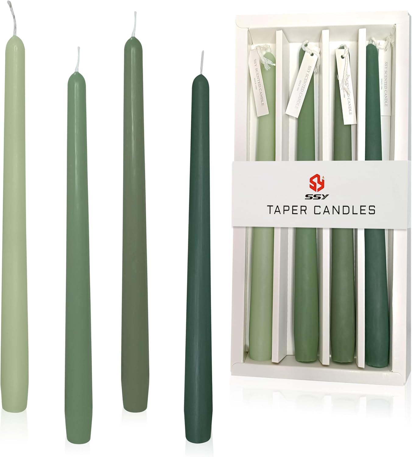 Green Tea Scented Taper Candle 10 Inch Long Gradient Green Handmade Clean Burning 4 Pack Smokeless Tapered Candle for Christmas Wedding Forest Theme Rustic Office Spa Relaxation Home Decor