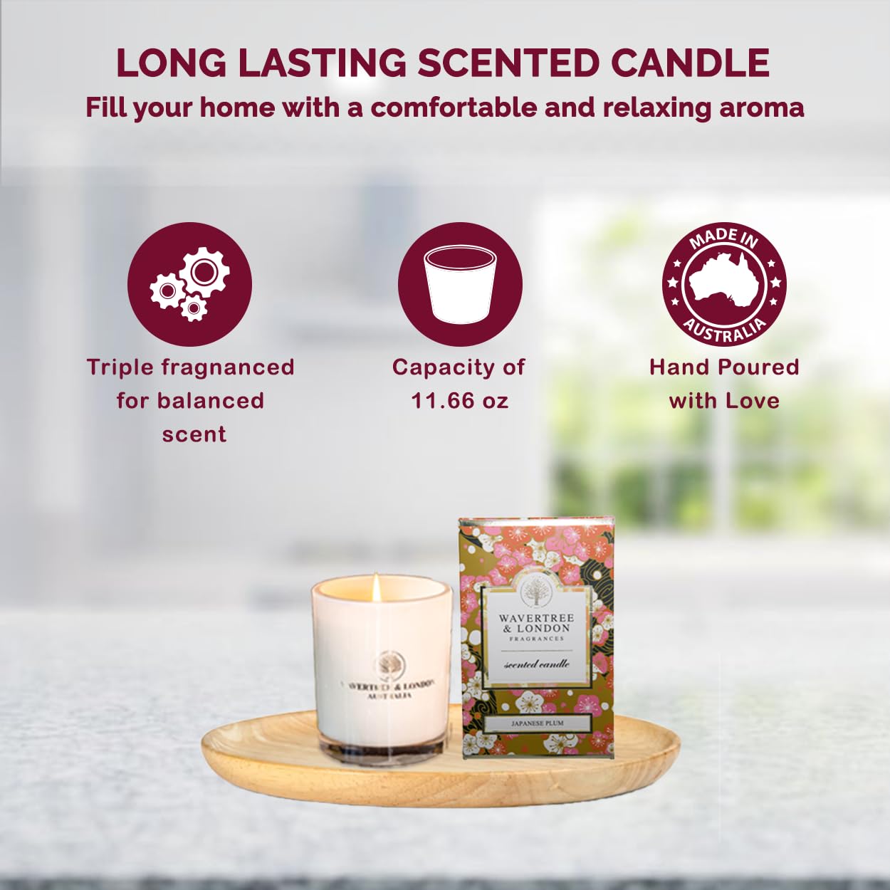 Wavertree & London Organic Japanese Plum Scent Soy Wax Candle | Non Toxic 100% Cotton Wick Triple Scented Pure Natural Soy Wax Candles, Hand Poured in Australia | 60 Hours Burning Time, 11.66 Oz