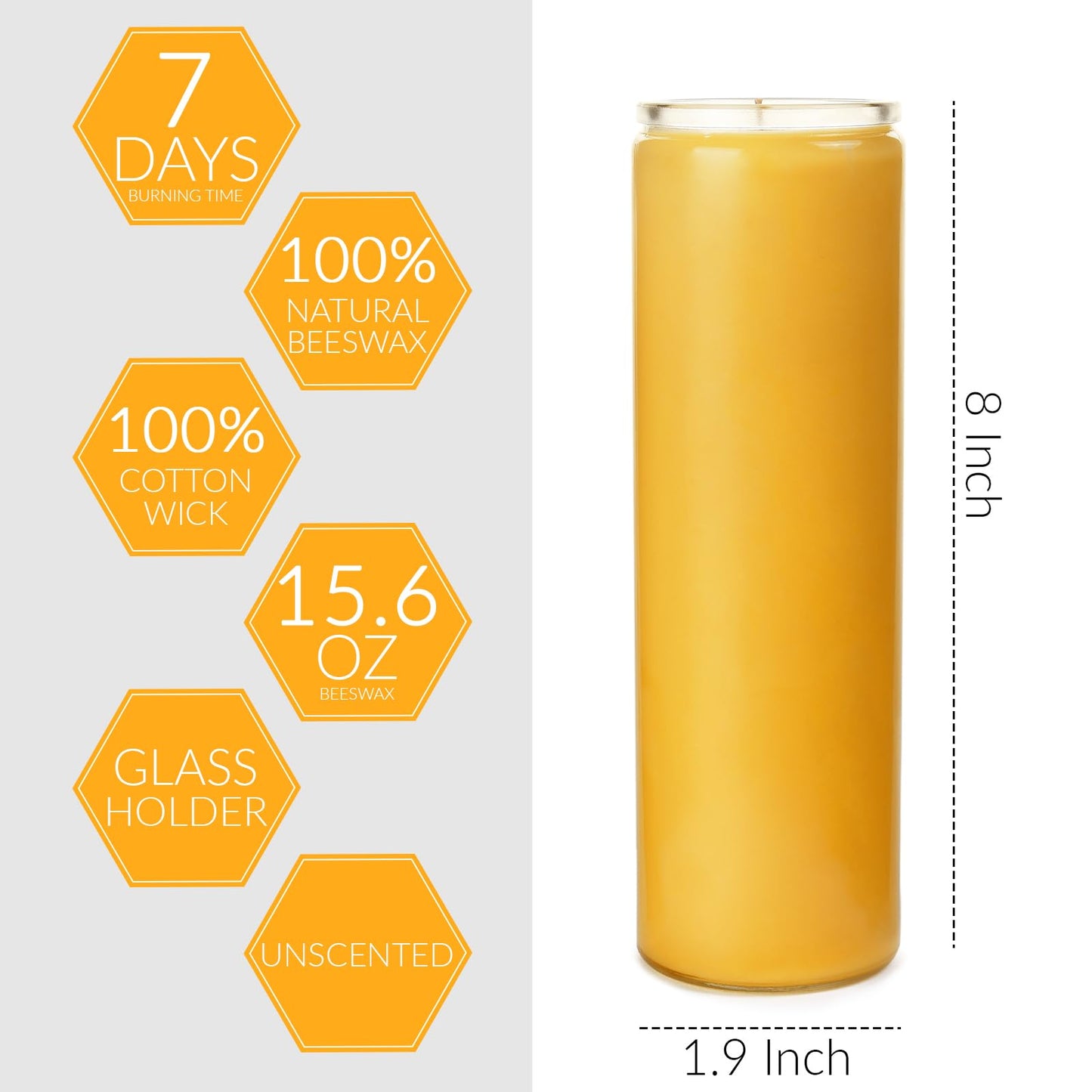 7 Day Pure Beeswax Devotional Prayer Candles - 6 Pack - Unscented Yartzeit Candle in Glass Container for Vigils, Blessings, Memorial, Yom Kippur & Religious Ceremonies