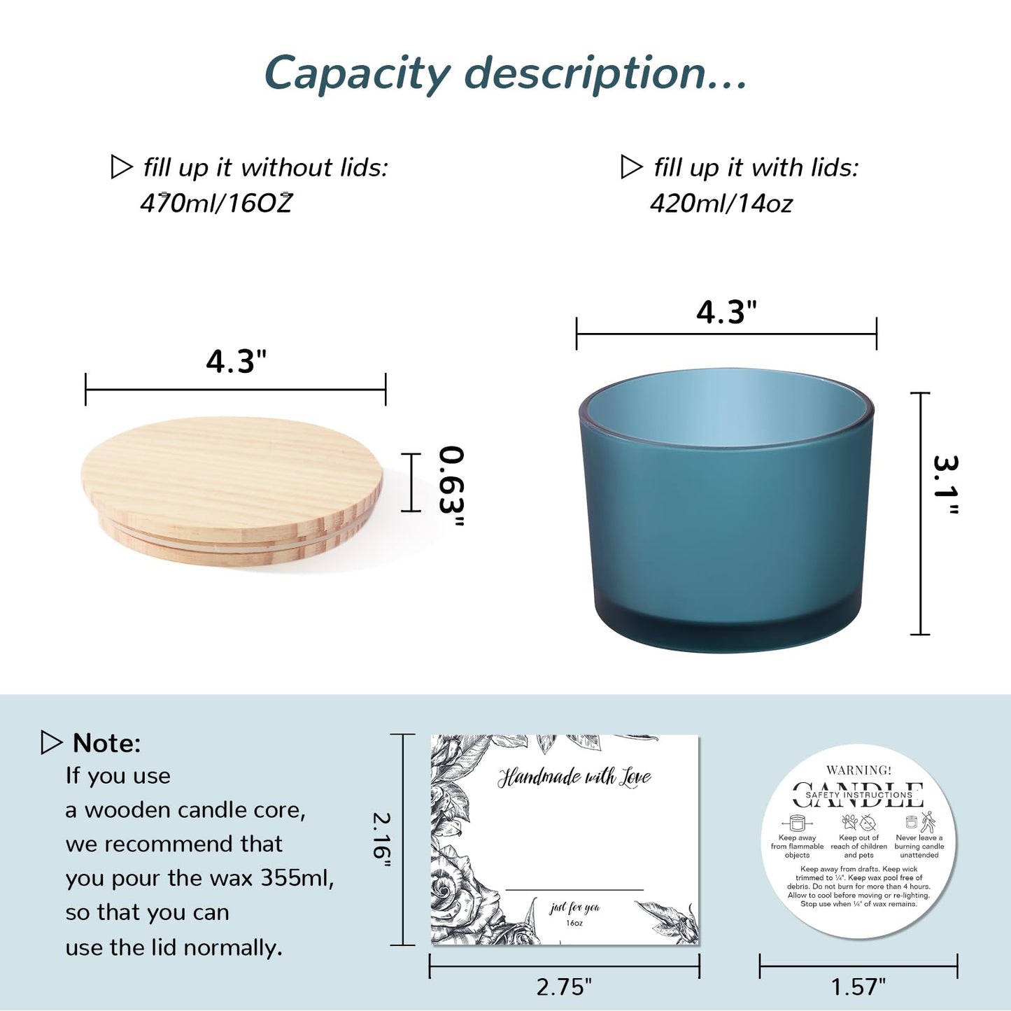 6 Pack Glass Candle Jars with Lids (16oz, Frosted Lake Blue) - Large Candle Jars for 3 Wick Candles Making - Empty Candle Jars Containers - Candle Making Accessories include 16Pcs Candle Labels