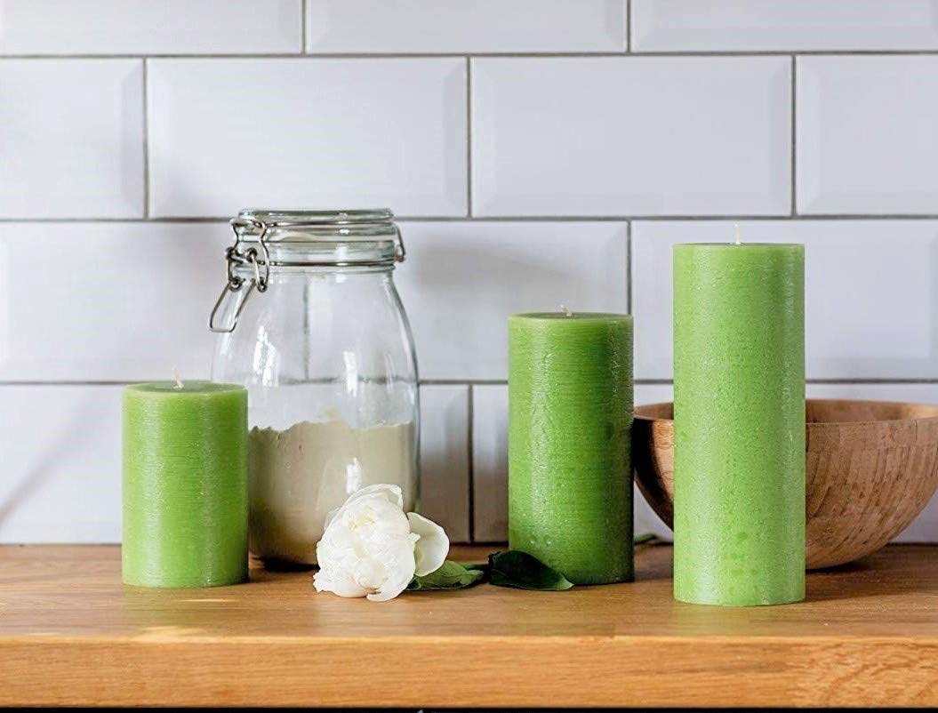 Set of 3 Pillar Candles 3" x 3" Unscented Handpoured Weddings, Home Decoration, Restaurants, Spa, Church Smokeless Cotton Wick - Green