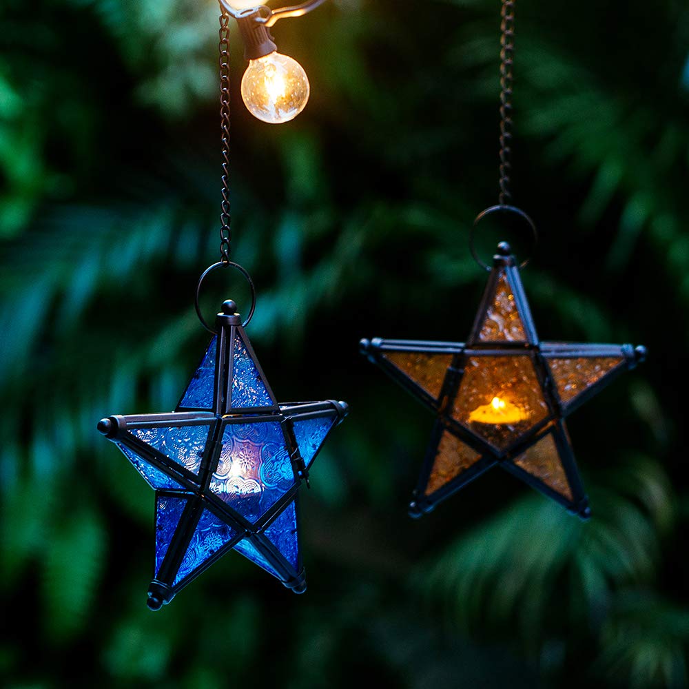Stunning Star Glass Votive Tea Light Candle Holder Hanging Lighting Lantern Wedding Birthday Party Home Garden Decoration (Blue)