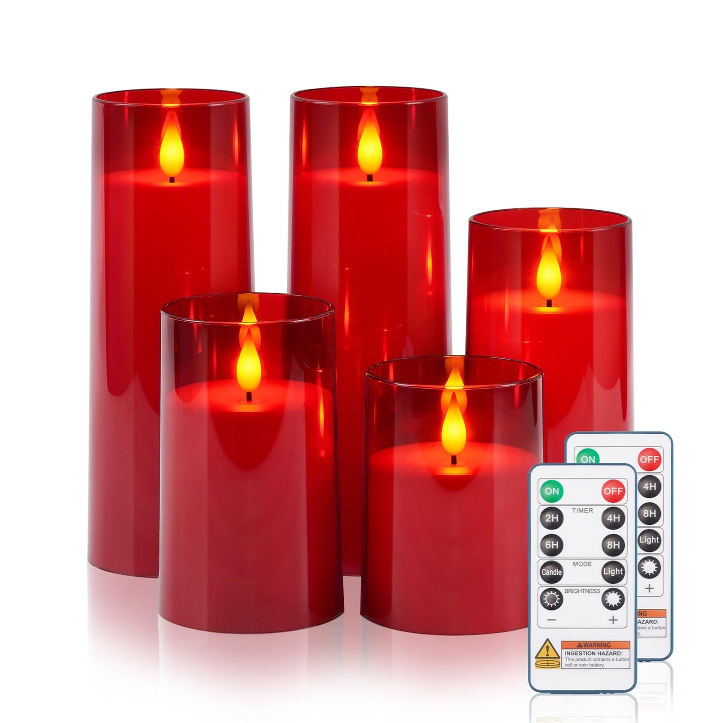 Raycare Independence Day Flameless Candles Battery Operated with Remote Timer, Acrylic Flickering LED Pillar Candle for 4th of July Home Patriotic Decor, Gift for Family and Friend, Red, Set of 5