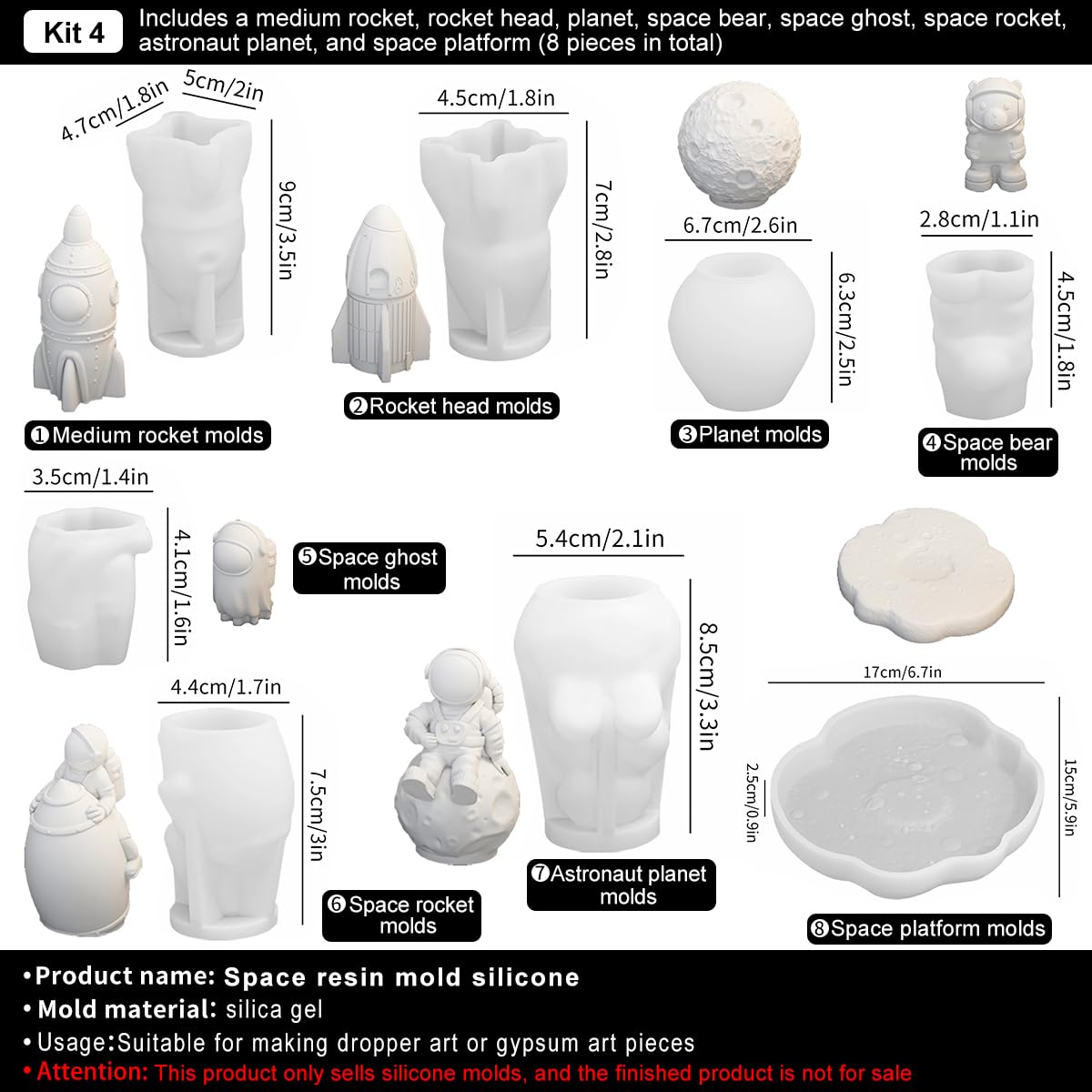 Space Planet Resin Molds Silicone，【8-piece Set】 Epoxy Resin Space Astronaut Silicone molds,3D Resin Spaceballs Molds, Small Rocket Silicone Model, Space Rabbit DIY Gift Sets for Teens (【Kit 4】)