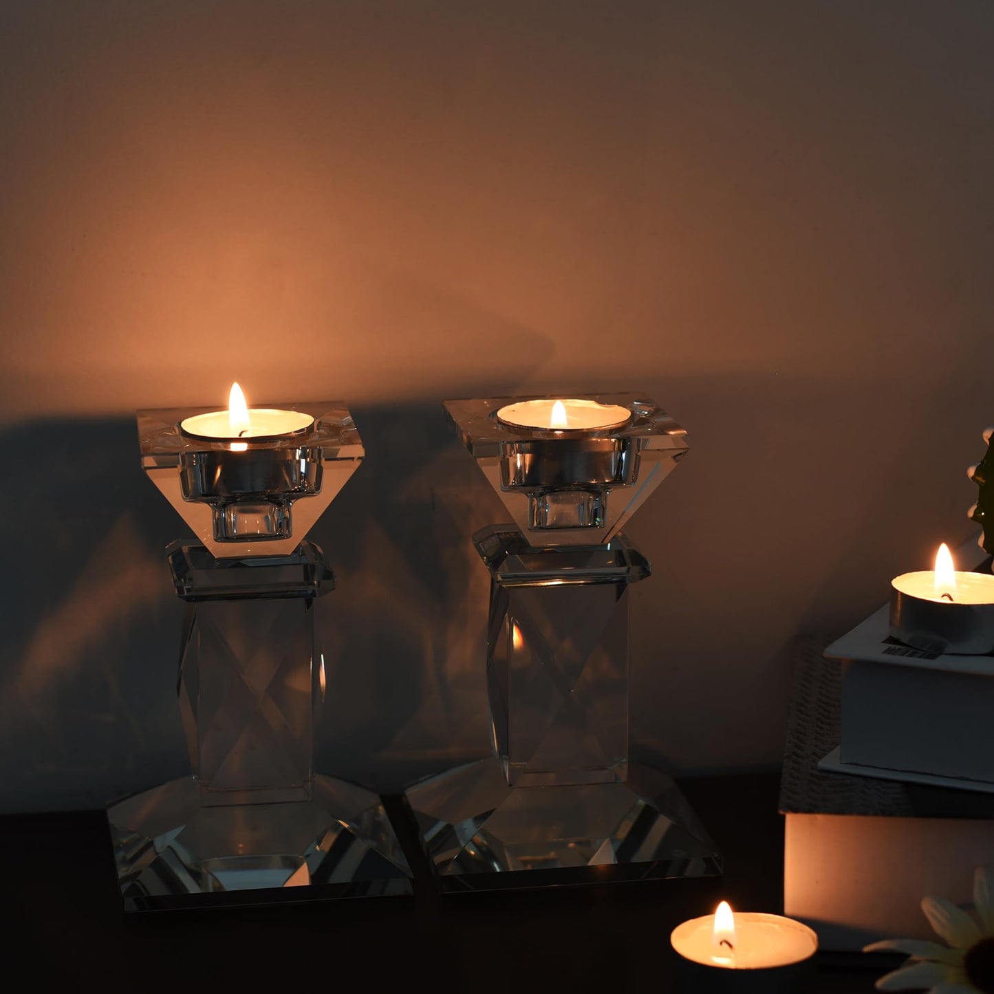 DONOUCLS Crystal Candle Holders Pack of 2, Clear Crystal Taper Candlesticks Holders, Table Centerpiece Home Decor for Wedding, Dining, Party(4.9in Tall)