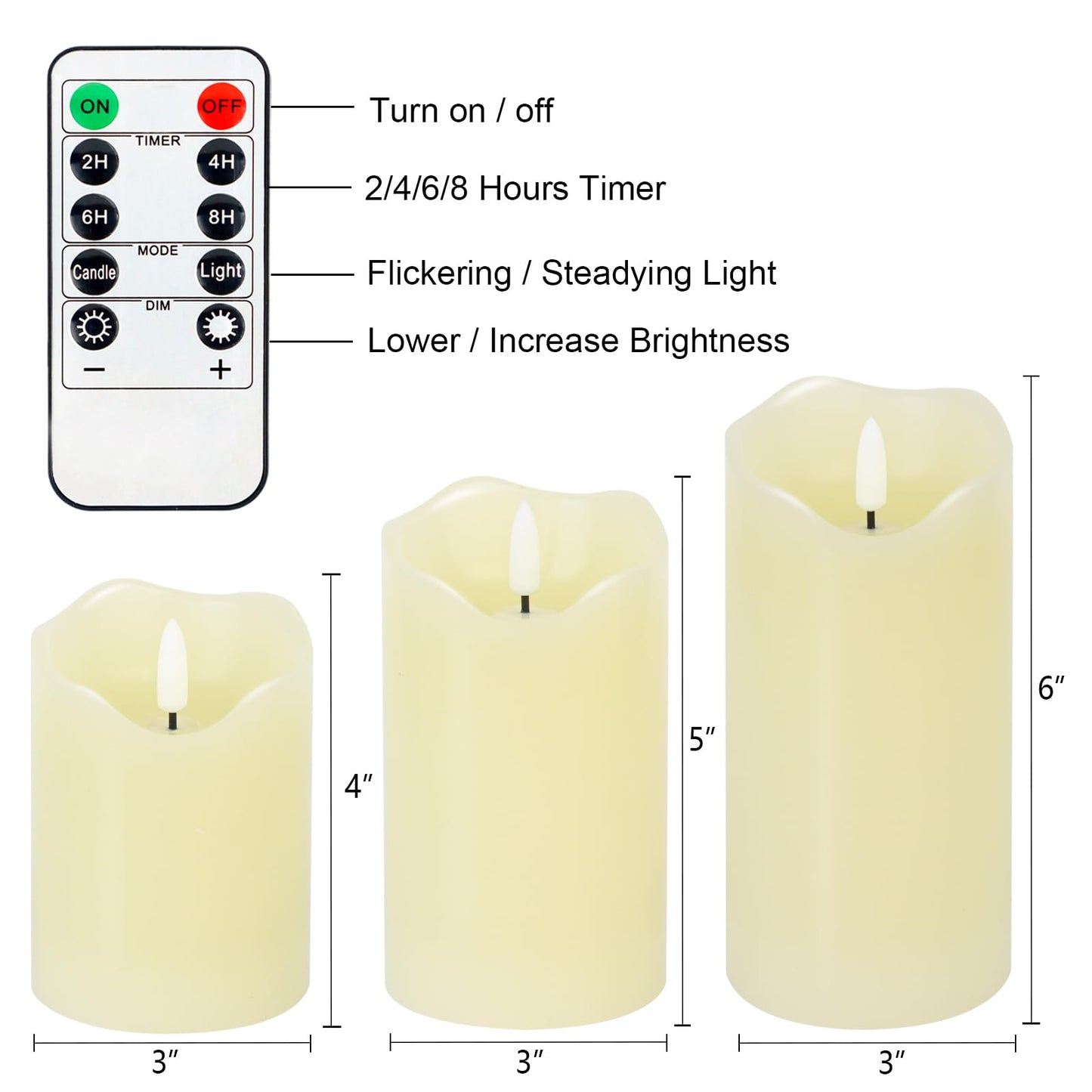 Warmhere Flickering Flameless Candles, Realistic LED Candles Battery Operated with Remote and Timer, Ivory Real Wax Pillar Candle for Christmas Home Wedding Party Decorations, Set of 3