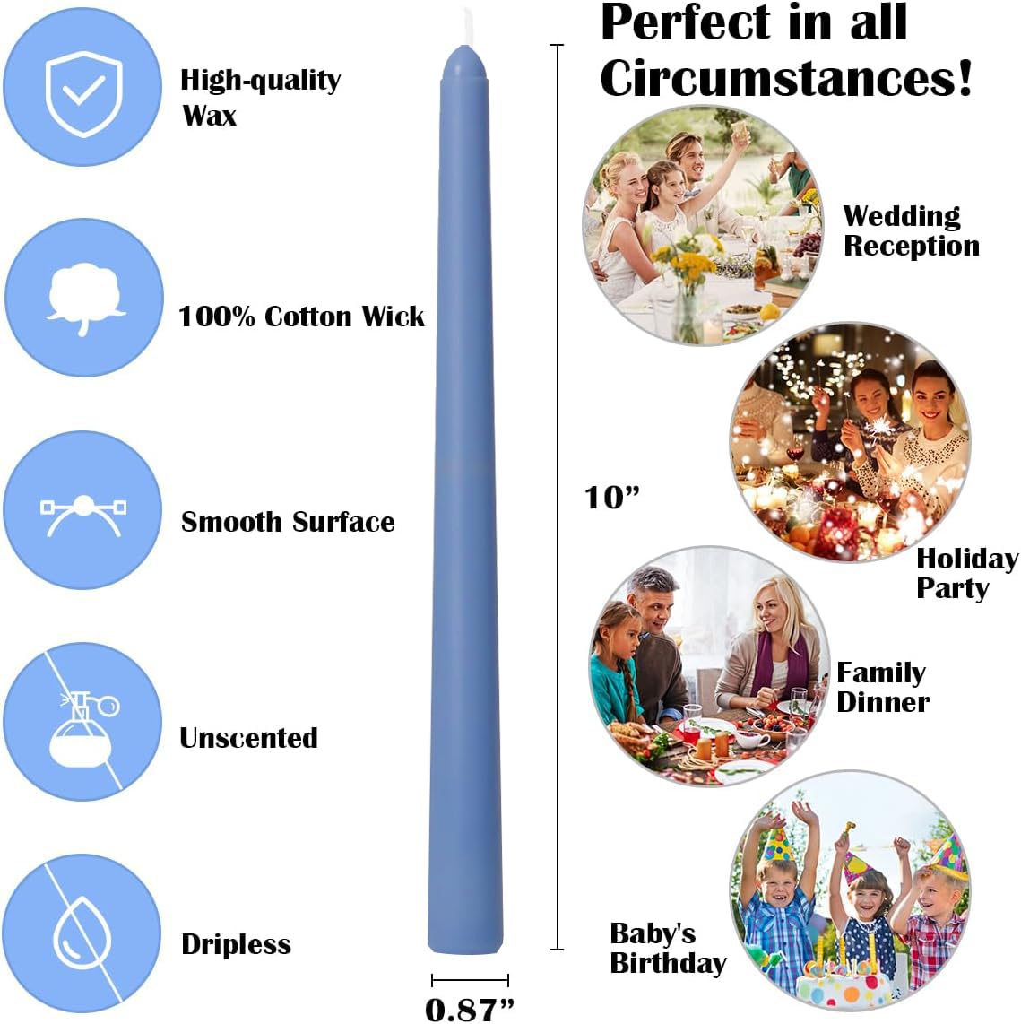 12-Pack Dusty-Blue Taper Candles, 10 Inch Unscented Dripless Candlesticks, Long-Lasting Burn Time of 7-8 Hours, Perfect for Home Décor Dinner Party Meditation