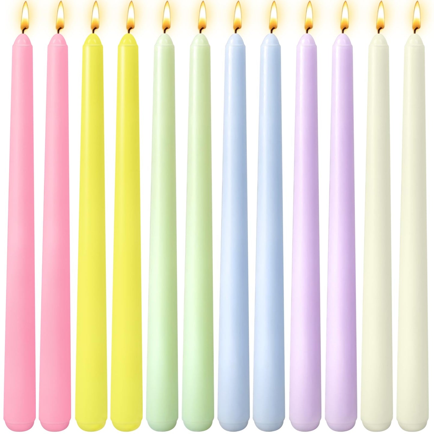 12 Pack 10 inch Candy-Color Taper Candle Set for Holiday Dinner Party, Unscented Long Candlesticks, Dripless and Smokeless, 7-8 Hours Burn