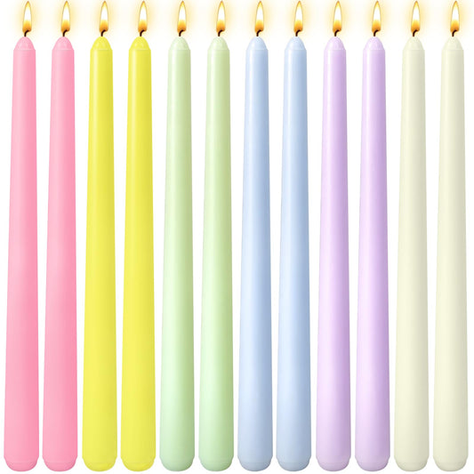 12 Pack 10 inch Candy-Color Taper Candle Set for Holiday Dinner Party, Unscented Long Candlesticks, Dripless and Smokeless, 7-8 Hours Burn