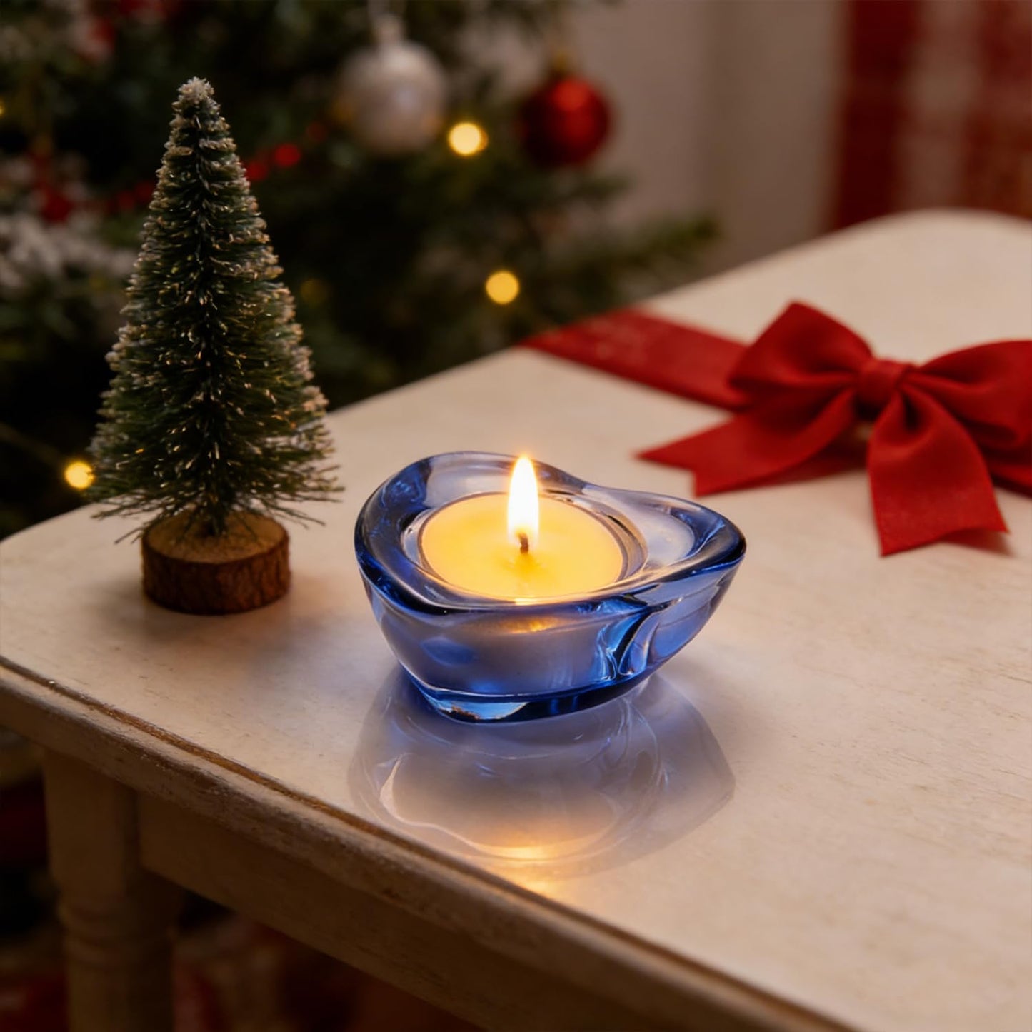 Elivia Blue Tealight Candle Holders - Set of 12, Heart-Shaped Chunky Glass Candle Holder, 2.9" Diameter - CH02 - Water Blue
