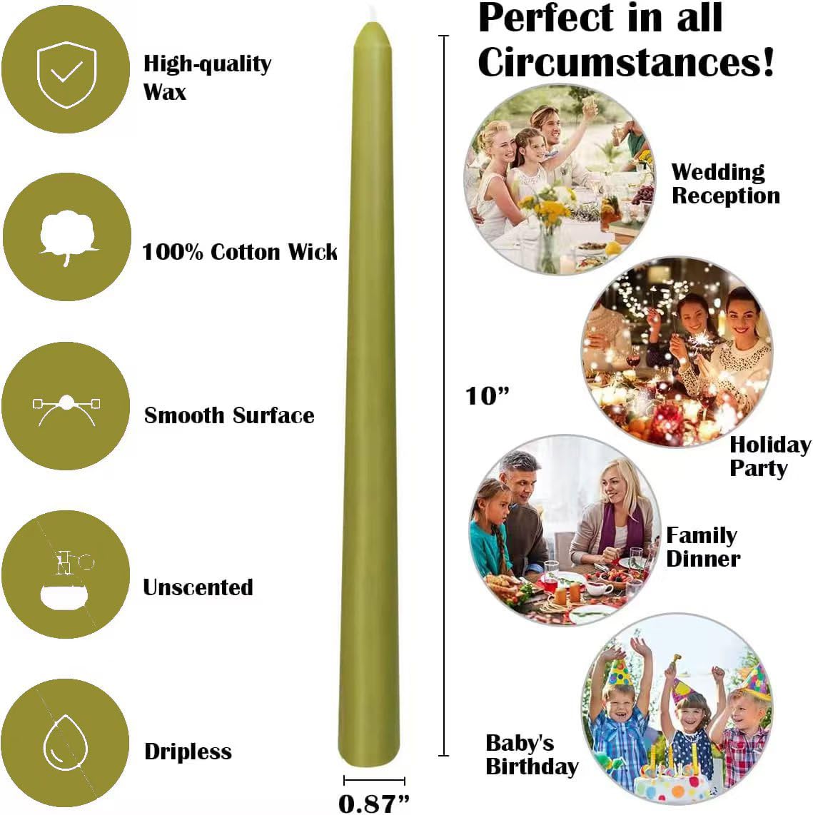 12-Pack Olive Green Taper Candles, 10 Inch Unscented Dripless Candlesticks, Long-Lasting Burn Time of 7-8 Hours, Perfect for Christmas Home Décor Spring and St. Patrick's Day