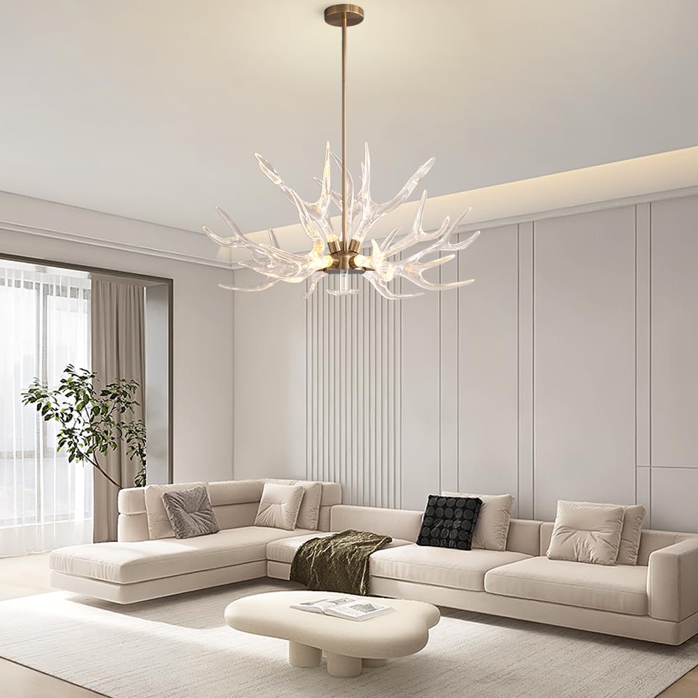 LOVEDIMA Resin Antler Chandelier, 9-Light Deer Horn Pendant Light Fixture for Living Room Bedroom Dining Room Kitchen (Gold)
