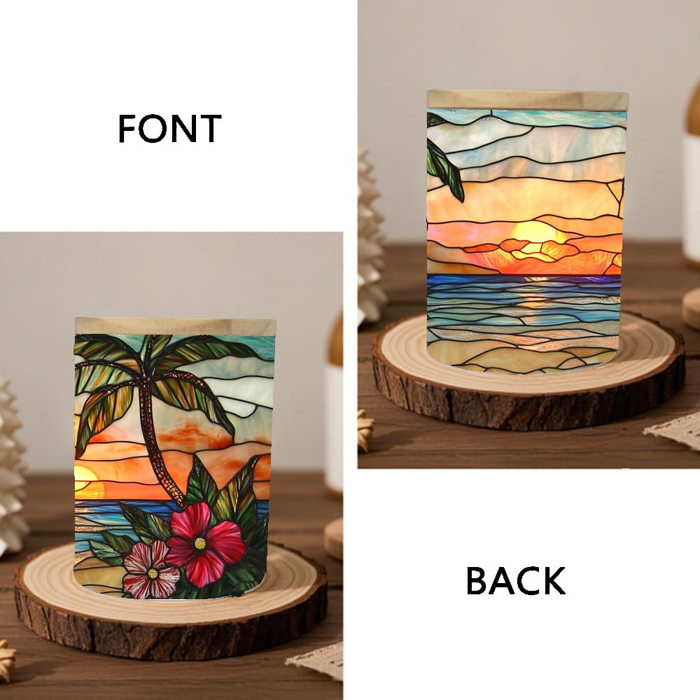 Stained Glass Seascape Tea Light Candle Jar for Home Decoration, Flowers Tealight Candle Holders with Bamboo Lid, Palm Trees Candle Candlestick for Thanksgiving Christmas Birthday