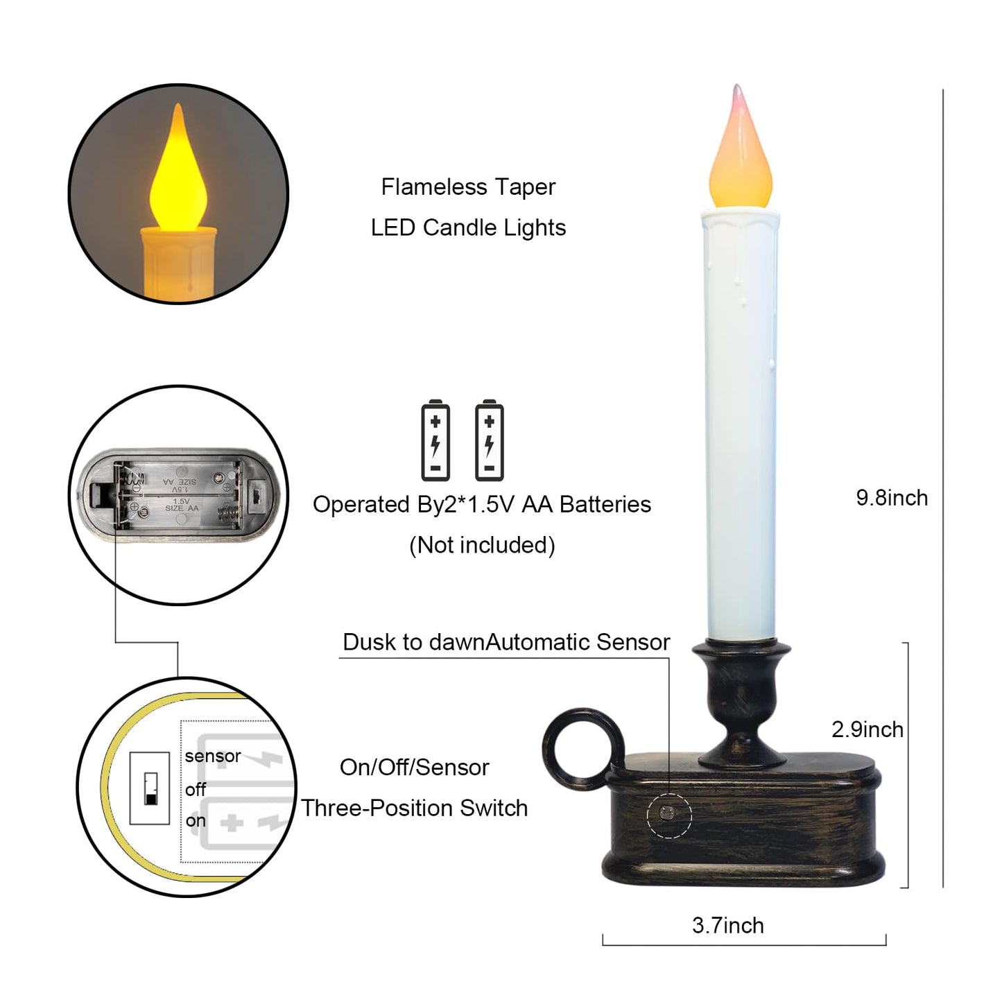ZAXIFLY Set of 4 Battery-Powered Christmas Window Candles,9 Inch LED Flameless Taper Lights with Dusk to Dawn Sensor, Antique Bronze Base,for Holiday Decor