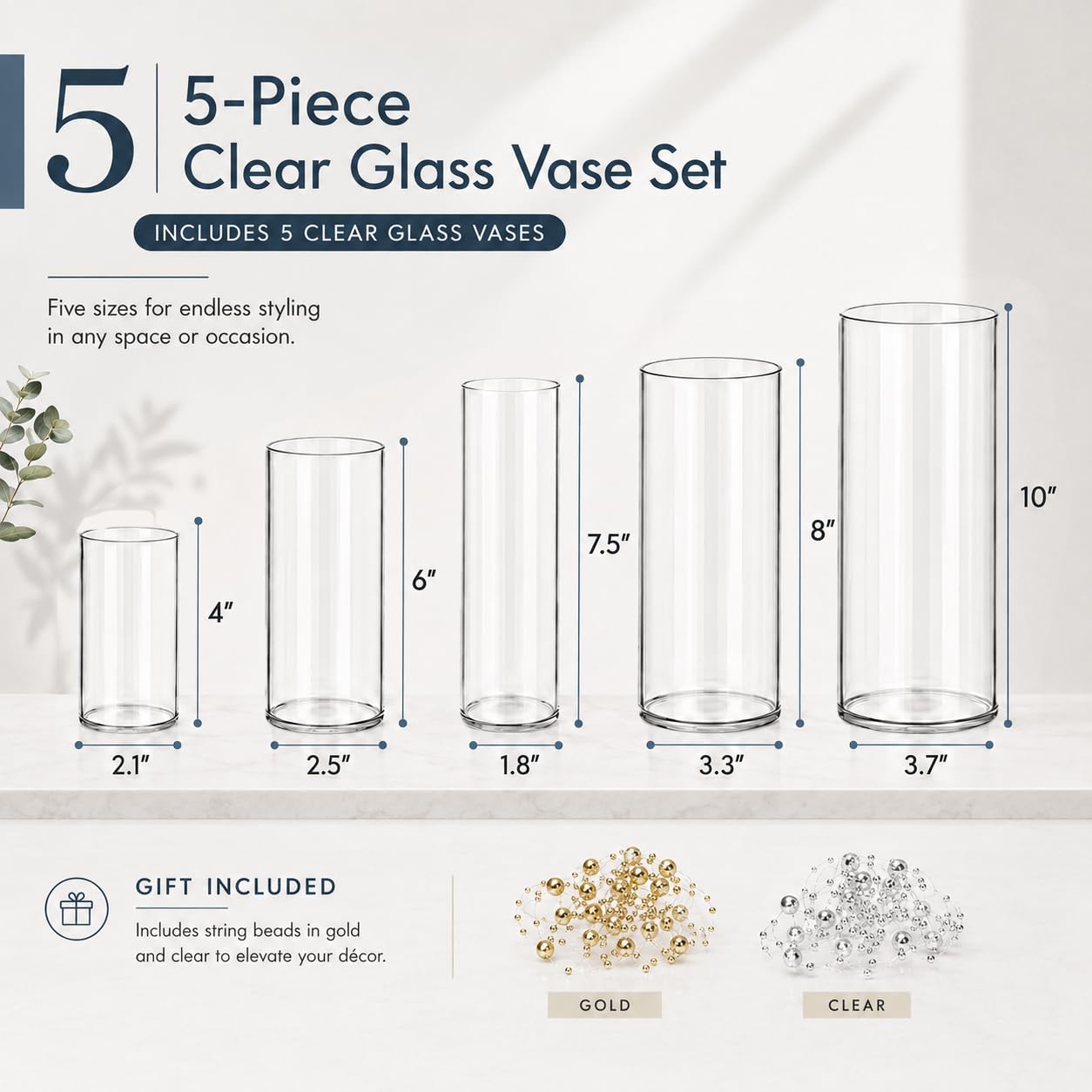 5pcs Glass Vase Cylinder Vases for Centerpieces Small Flower Glass Vases Home Decor Centerpiece Table Clear Flower Vase Decorations for Wedding＆Holiday 4,6,7.5,8,10 Inch Tall