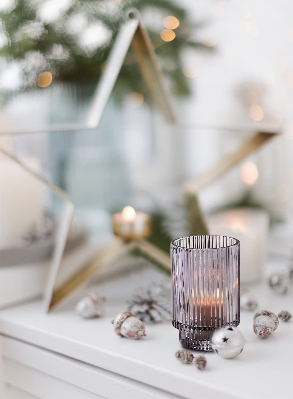 Serene Spaces Living 5in Smoke Ribbed Glass Votive Holder, Decorative Centerpiece for Wedding, Christmas, Thanksgiving, Dining Table, Living Room, Home Décor, 3.25" Diameter & 5" Tall, Pack of 24