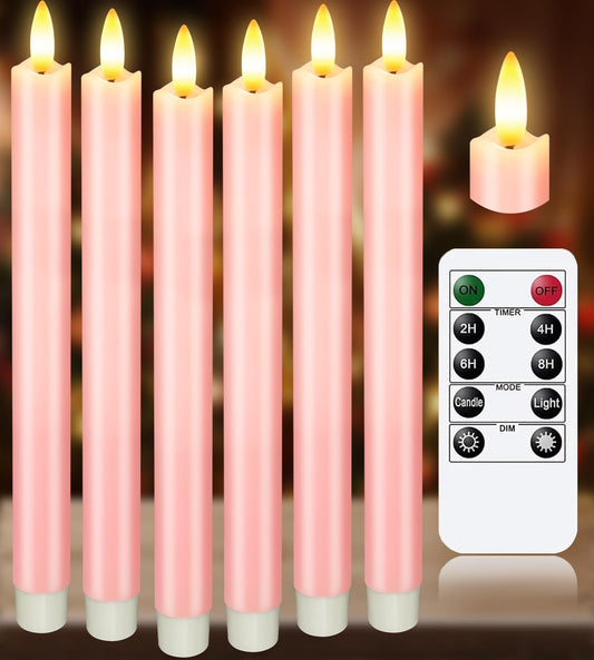 KSWING Upgraded Real Wax LED Flameless Pink Taper Candles with Remote, 6 PCS Candlesticks Battery Operated 3D Flickering - 9.6" Long Realistic Fake Candle Sticks for Home/Wedding/Fireplace Xmas Decor