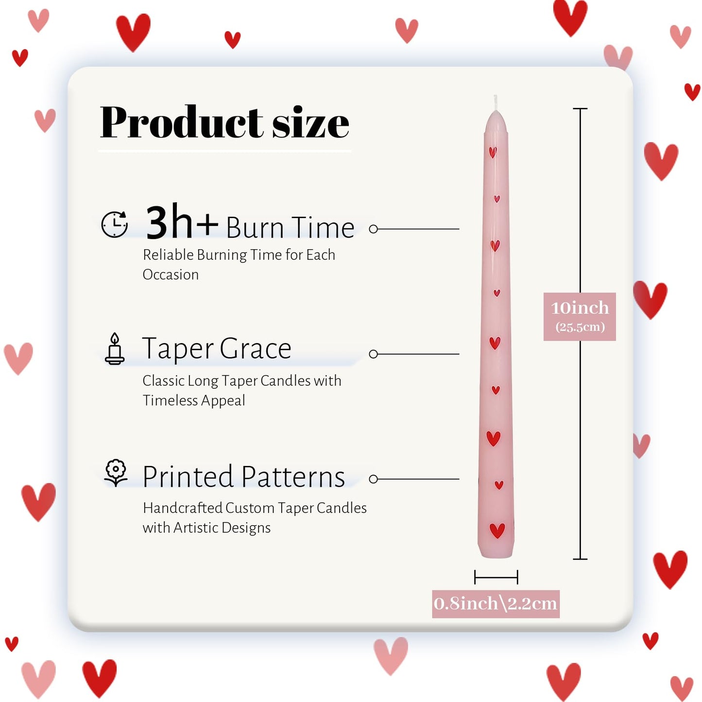 Taper Candles 10 Inch Print Candle Handmade Unscented Red Heart Long Candles 2 Pack Twisted Candlesticks for Wedding Home Decoration Gifts