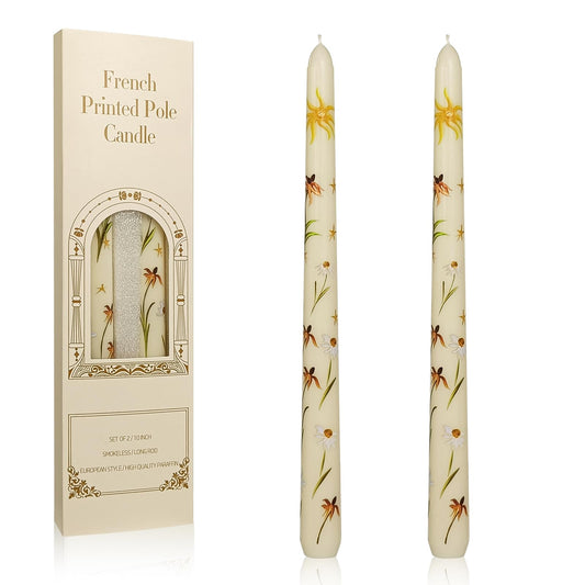 Floral Taper Candles 10 Inch Tall Unscented Handmade Beige Renanthera Coccinea Print Long Burning Elegant Candlesticks for Wedding Dinner Home Decor