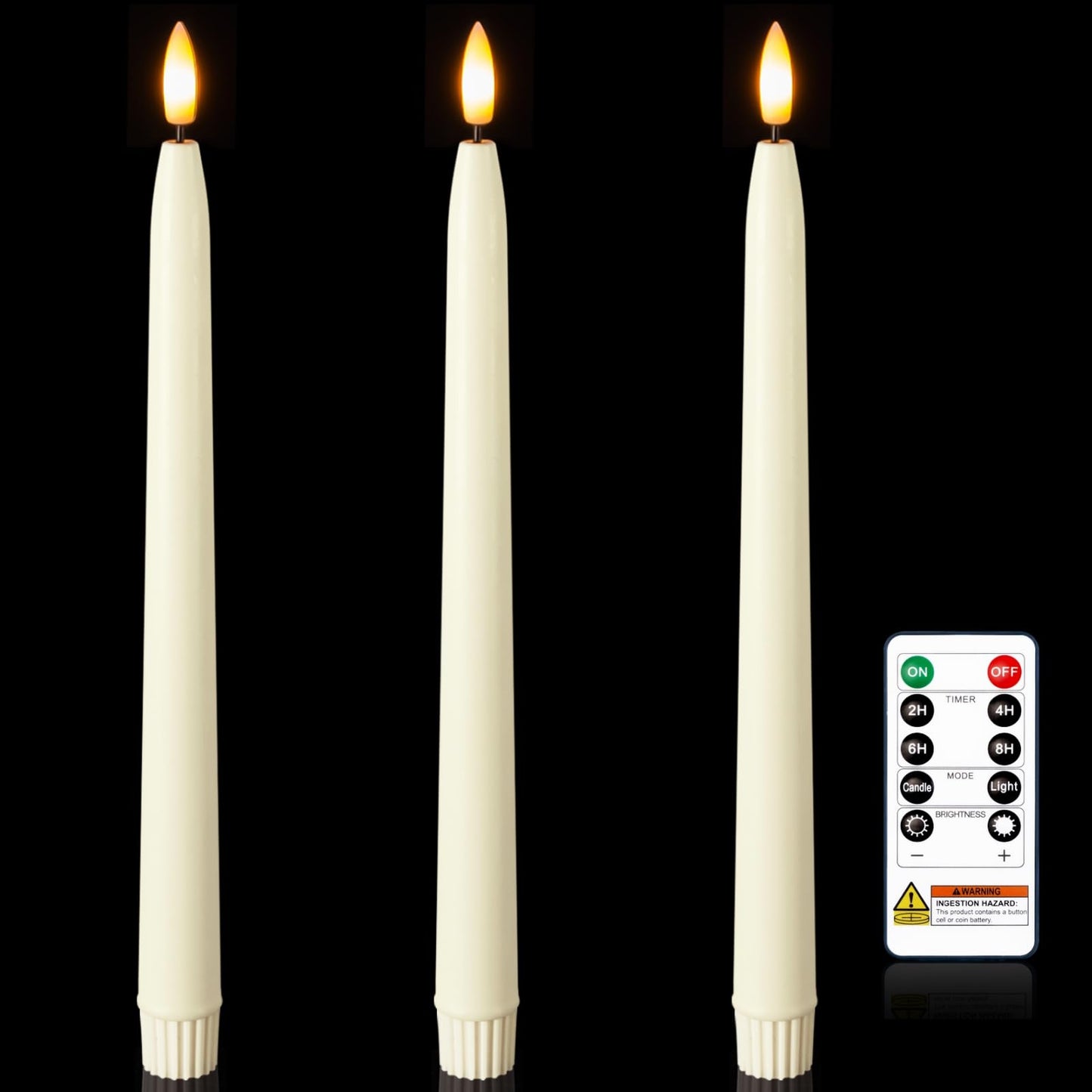 Homemory 11 inches Waxy Flameless Taper Candles with Remote Timer Dimmer, 3 Pcs Battery Operated Taper Candles with Flickering Flame, Ivory LED Candlesticks for Wedding, Christmas Indoor Decoration