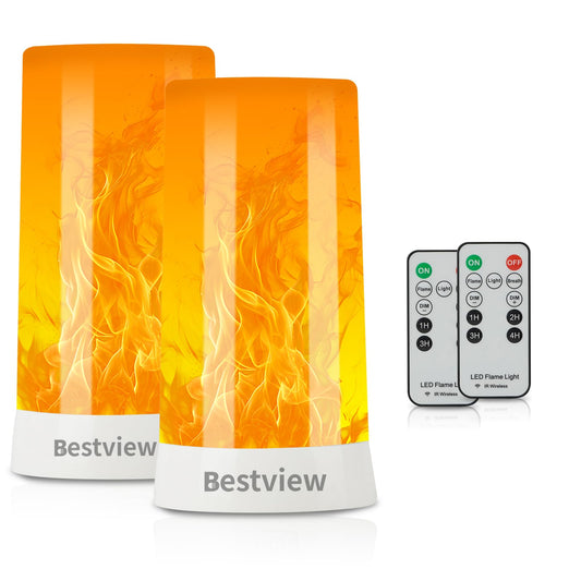 Bestview LED Flame Lights with Remote & Timer,4 Modes USB Rechargeable Battery Operated Fire Flickering Flameless Candles Campfire Table Lamp for Halloween,Christmas,Indoor&Outdoor Decoration (2 Pack)