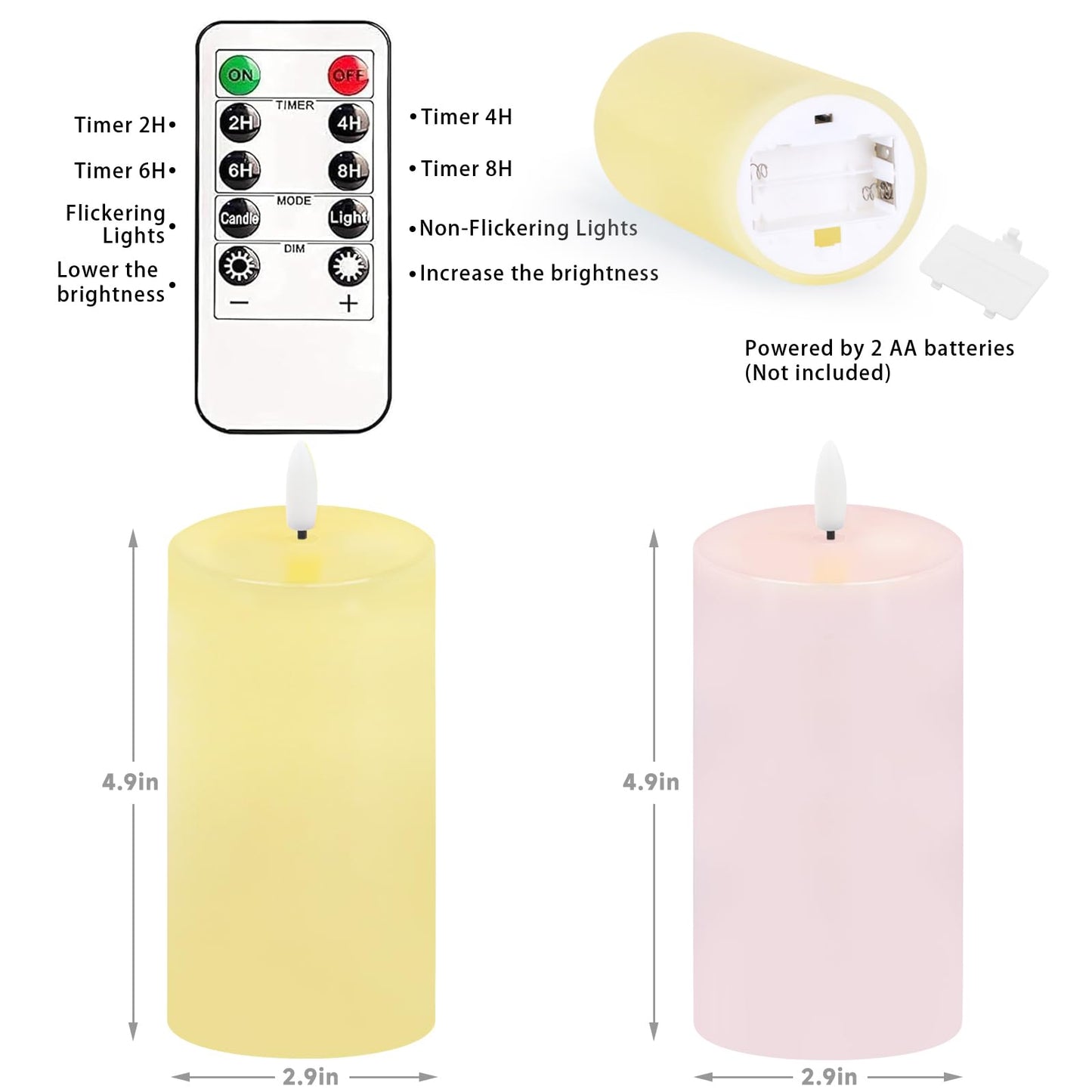 Pastel Flameless Candles, Set of 2 6"x3" Flickering Spring LED Candles with Remote & Timer, Dimmable Real Wax Easter Pillar Candles Battery Operated, Electric Candles for Home Spring Easter Decor