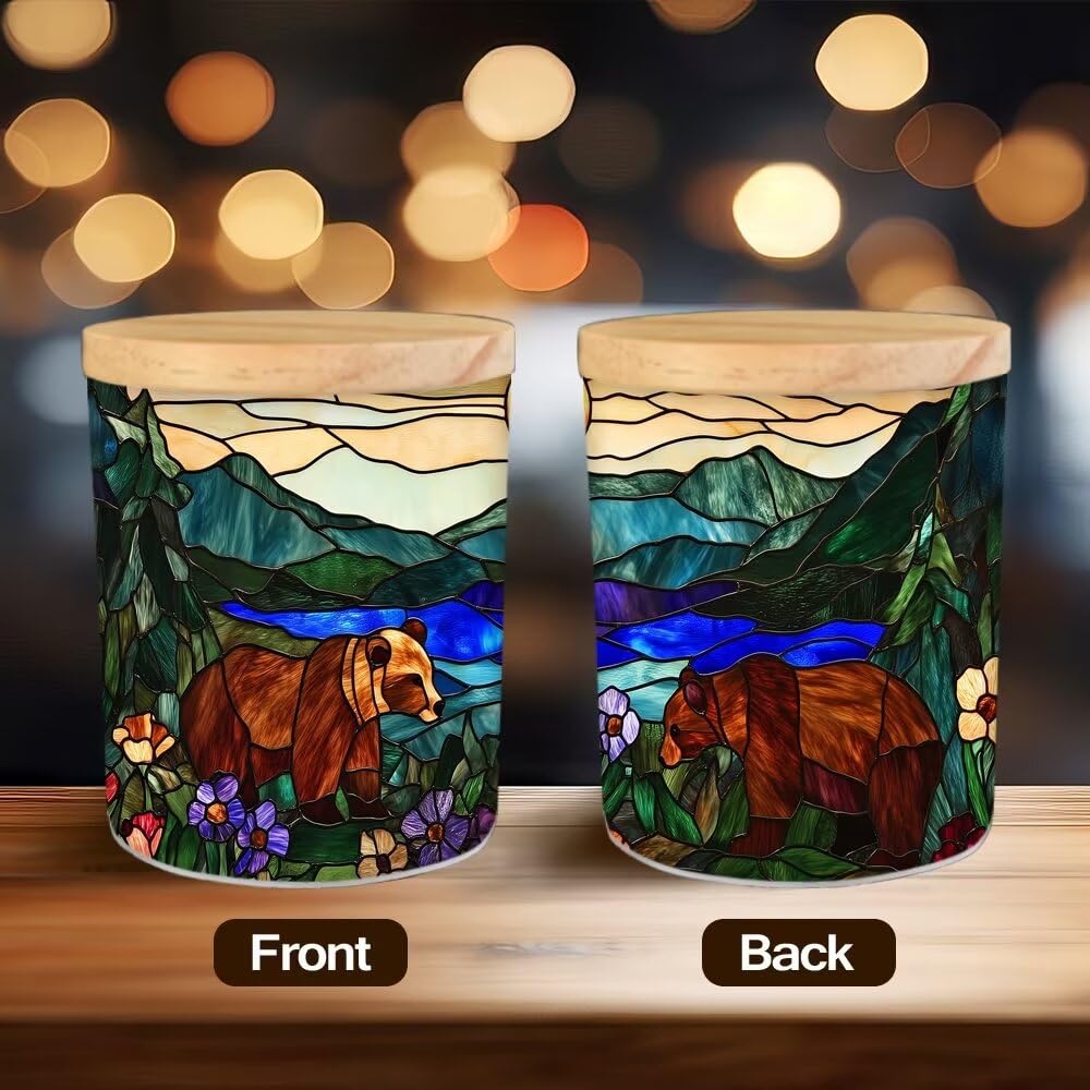 Stained Glass Bears Tea Light Candle Holders, Mountain Tealight Candle Holder Jar with Wooden Lid, Pine Tree Votive Candlesticks for Table Centerpieces, Christmas,Birthday Party,Home Decor