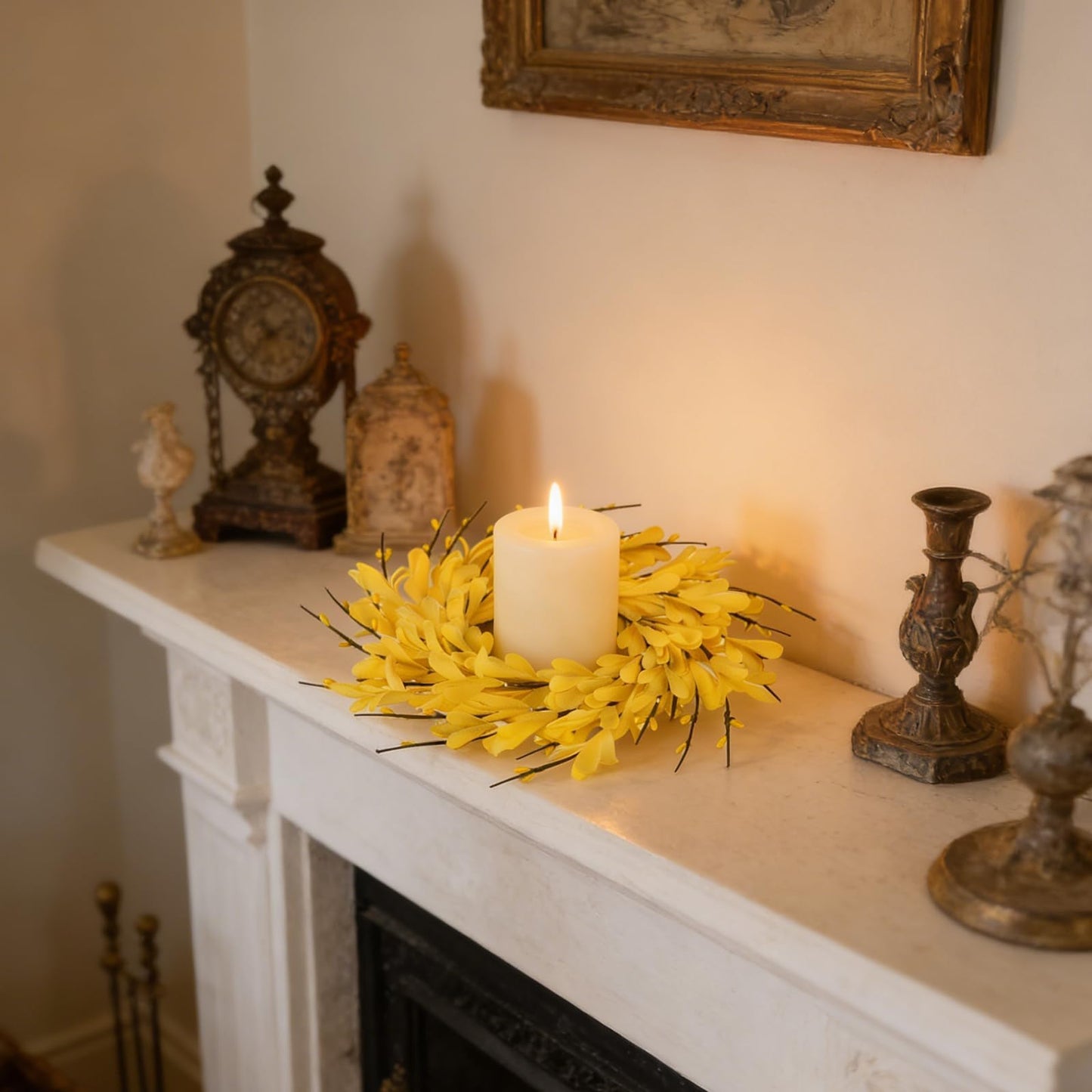 6 PCS Spring Forsythia Wreath Candle Rings Artificial Forsythia Farmhouse Candle Rings Pillar Holder Wreath Mini Spring Summer Floral Candle Rings for Rustic Wedding Home Table Centerpiece Decor