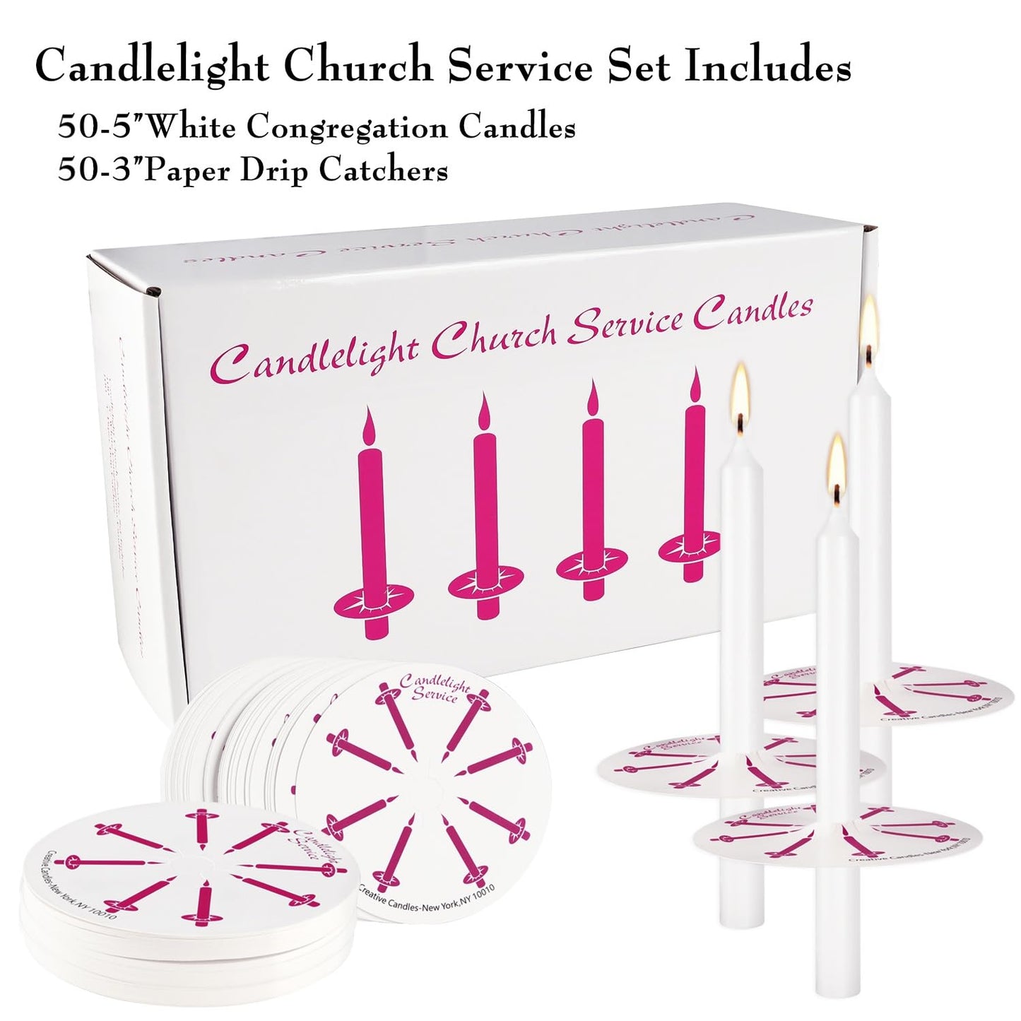 50 Pieces 5-Inch White Unscented Taper Candles with Drip Protectors for Church, Prayer, Shabbat, and Vigil Use