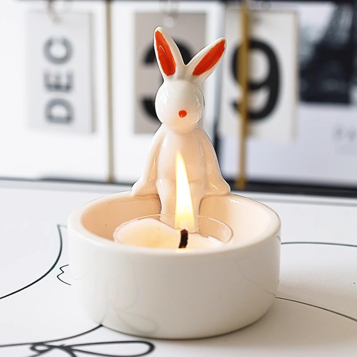 WARMCITY Handmade Animal Candle Holder, Lovely Kitten Canlestick Holder, Cartoon Figures Warming Its Paws Cute Light Holder for Candle Lovers- Candle NOT Included (Rabbit Red)