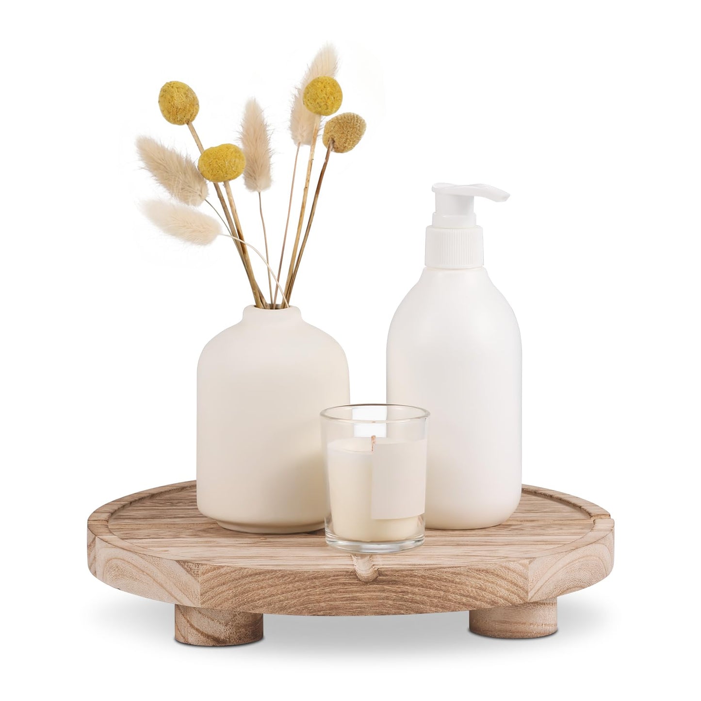 10'' Round Wooden Tray Pedestal Stand, Farmhouse Bathroom Decor Riser for Soap Dispenser, Perfume, Candle, 10'', Light Brown