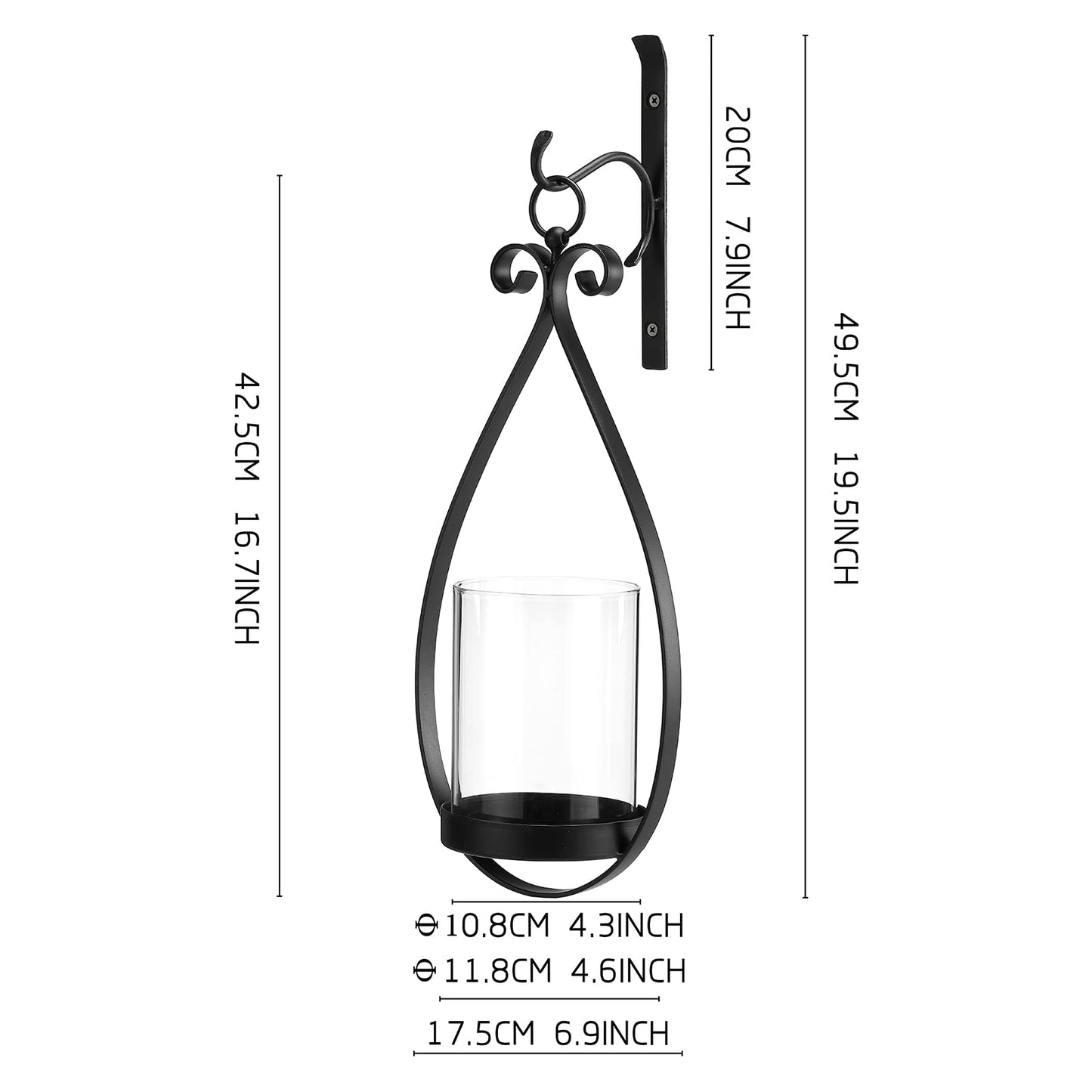 Wisiron Hanging Water Drop-Shaped Wall Sconce Wall Mounted Hurricane Candle Holder Glass & Metal Farmhouse Handcrafted Wall Art Decorations, Black Set of 2 HT21-0204B2