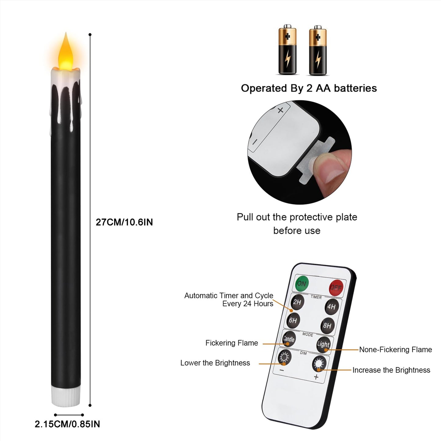 wemarry Flameless Taper Candles 10.6" Dripless Battery Operated Taper Candles Included Remote Timer 400+ Hours by 2AA Batteries for Halloween Christmas Wedding (Black+White, 12 Pack)