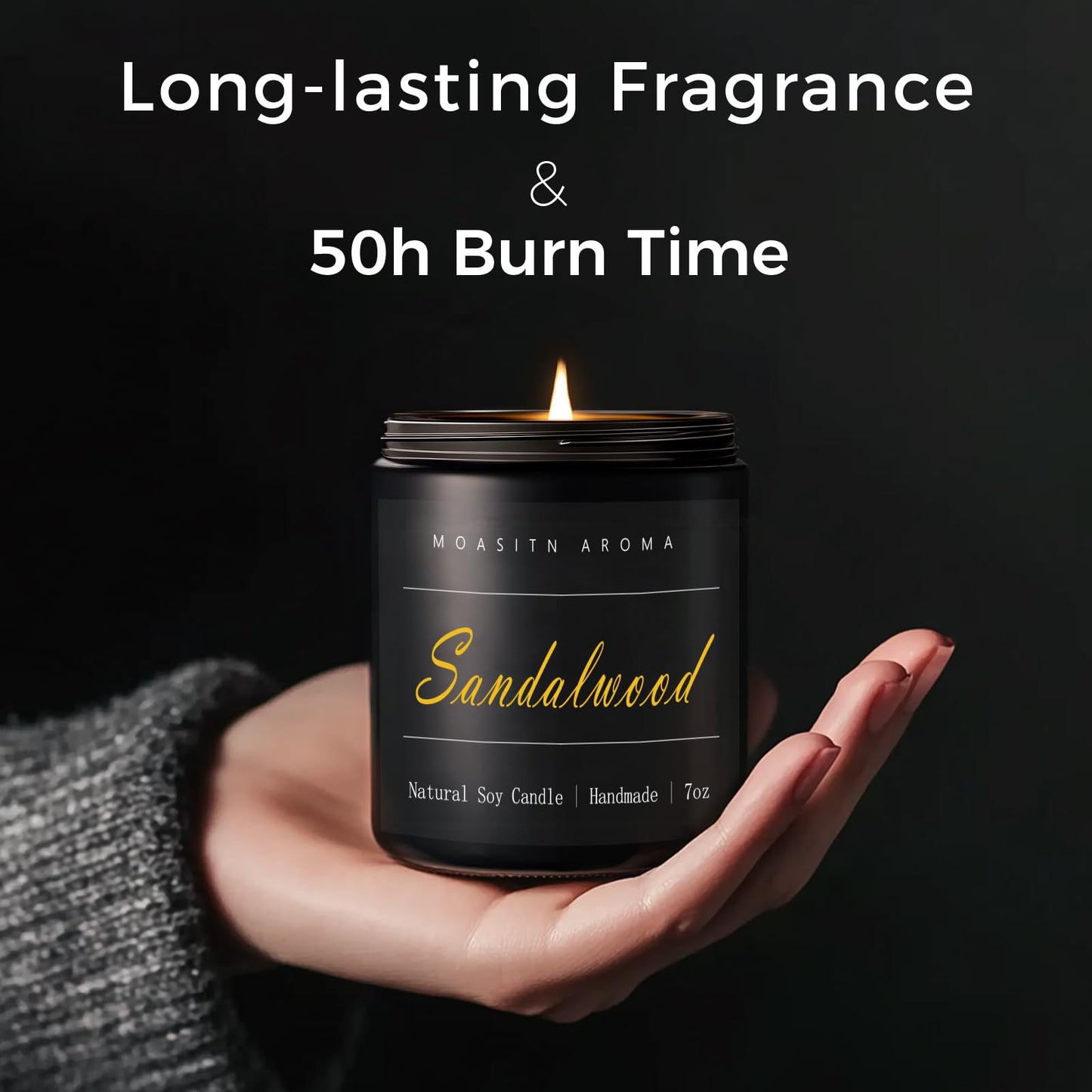 MOASITN Sandalwood Scented Candles for Home| Leather,Sandalwood,Amber Scented Soy Candle| Handmade Longlasting Aromatherapy Candle| Jar Candel Gift for Women,Men for Spring,Birthday,Relaxing|7oz