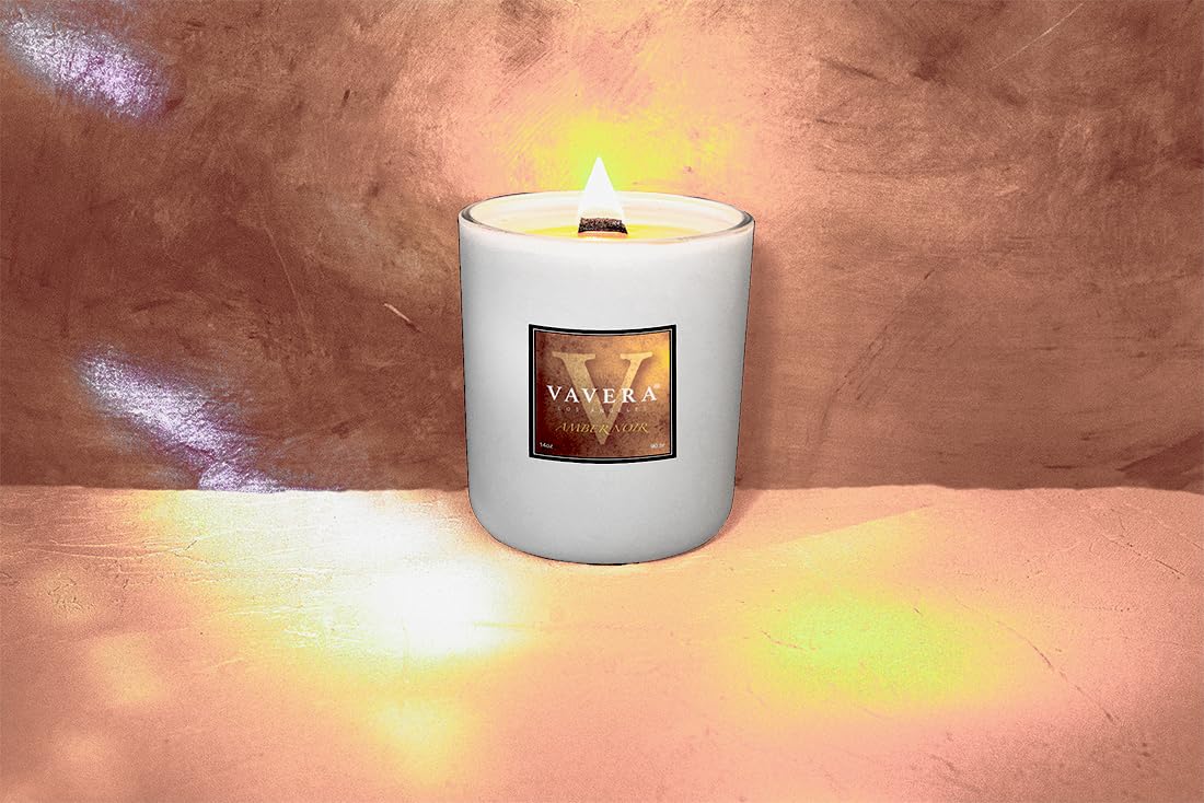 VAVERA Amber Noir Wood Wick Candles that Crackle, 11oz Matte White w/lid, A Sultry Amber Delight Soy Candles. Mothers Day Gifts for Women or Men! Soy, Vegan, Non Toxic. Hand-Crafted in USA.